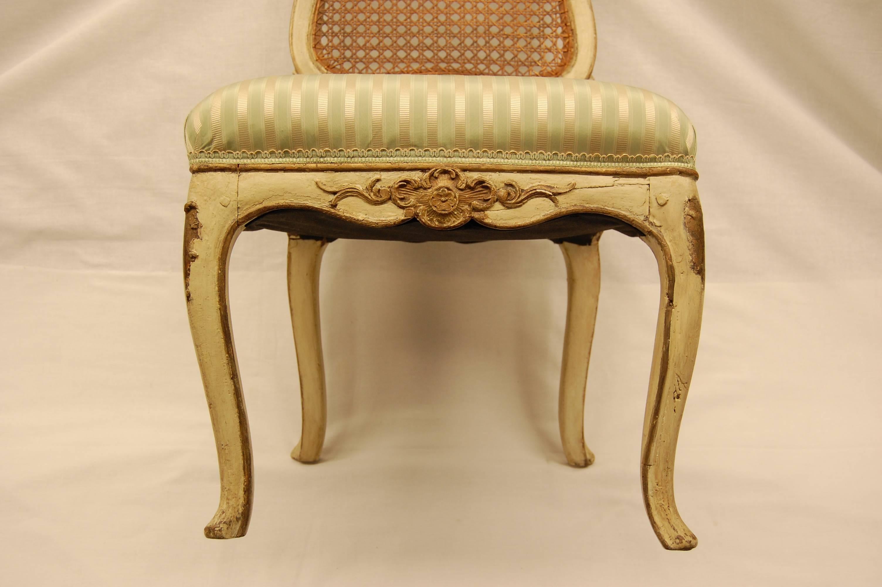 Louis XV Style Chair with Hand-Caned Back in Original off White Painted Finish For Sale 1