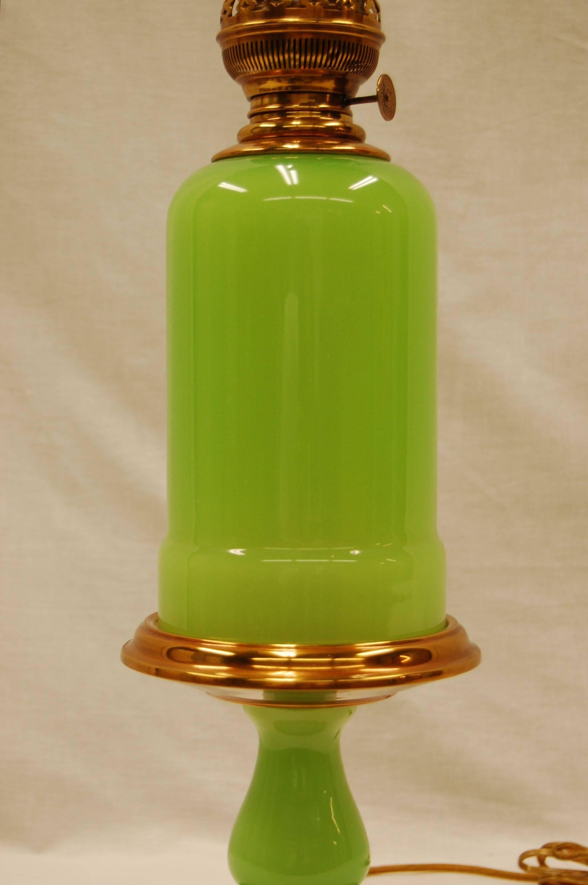 French Mid-20th Century Green Opaline Glass Oil Lamp For Sale