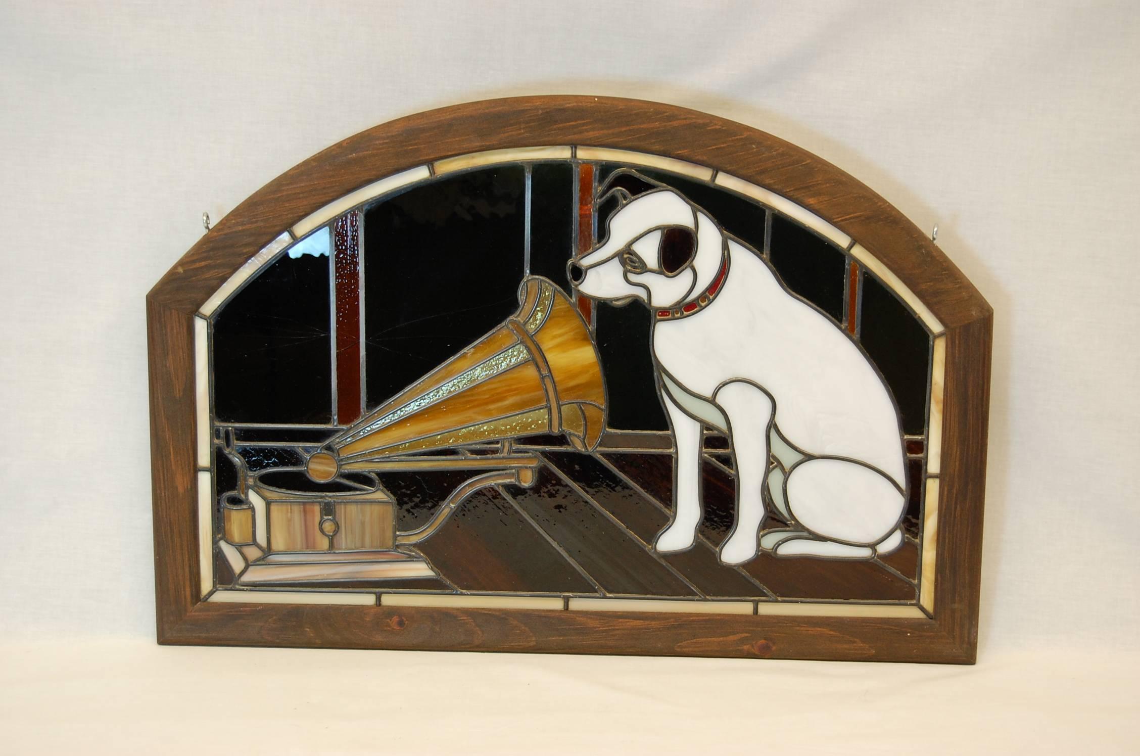 This image of nipper became the trademark for RCA in 1929; this framed stained glass panel was probably made in the early 20th century.