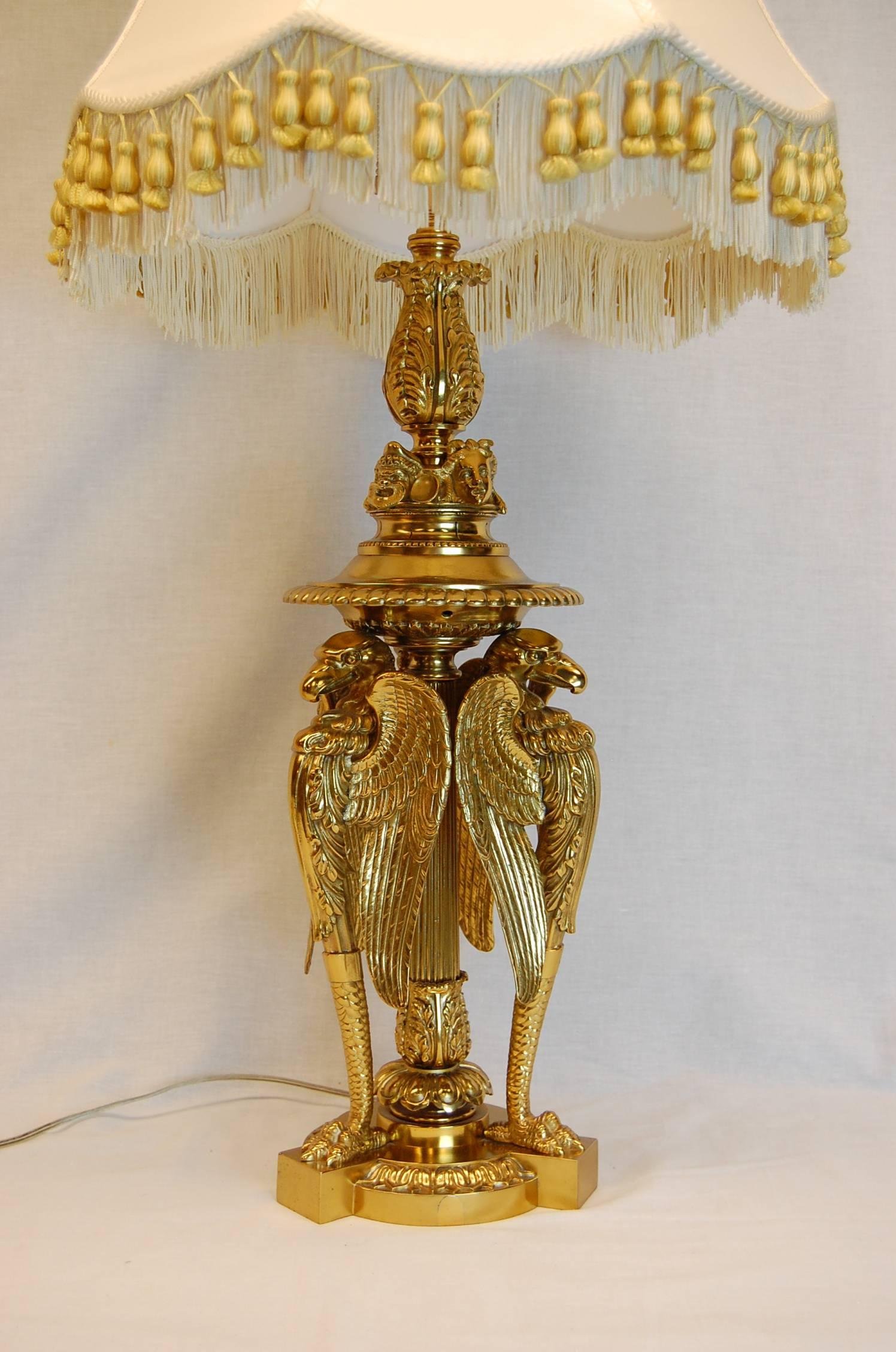 Large Gilt Brass Table Lamp Featuring Three Large Eagles In Excellent Condition In Pittsburgh, PA