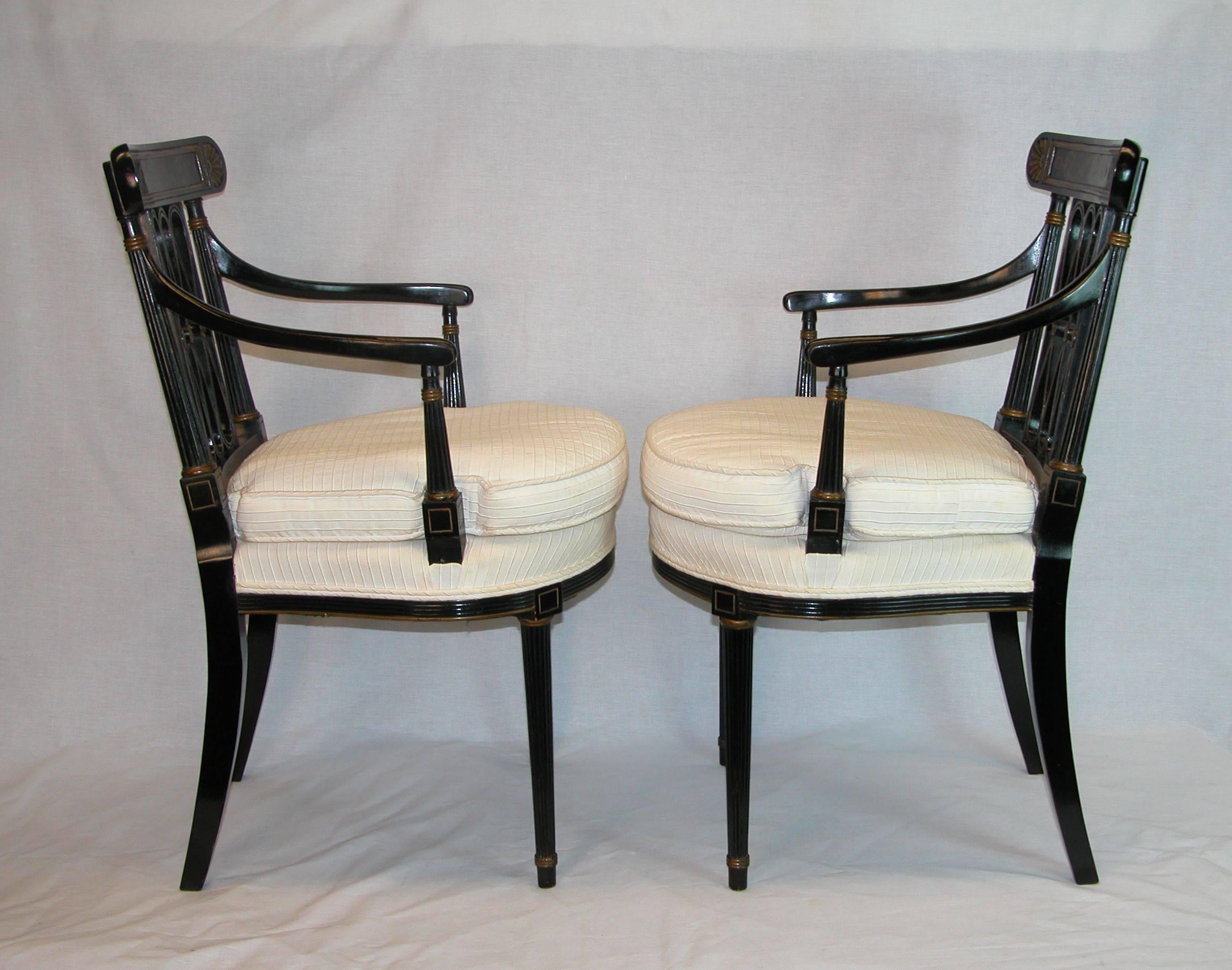 English Pair Black Lacquered & Gold Decorated Diamond Back Regency Open Armchairs C 1850 For Sale