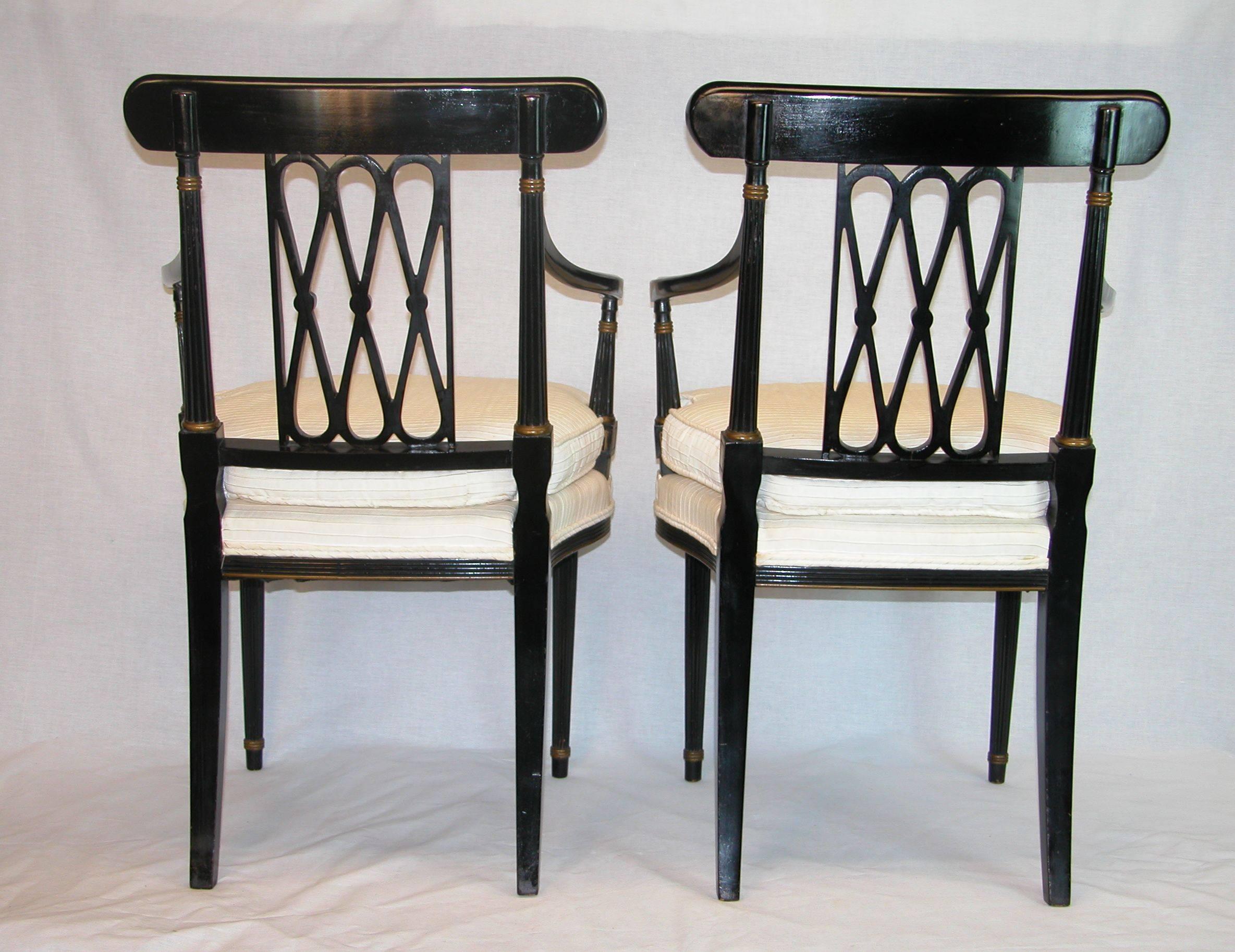 Pair Black Lacquered & Gold Decorated Diamond Back Regency Open Armchairs C 1850 In Excellent Condition For Sale In Pittsburgh, PA