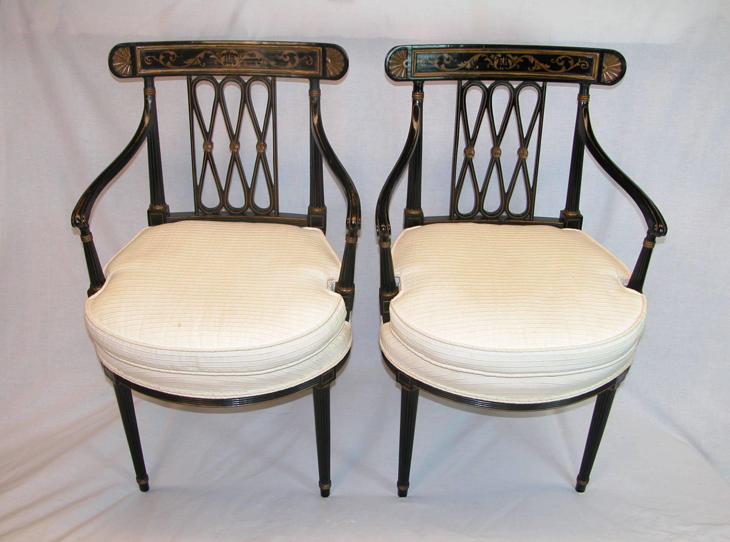 19th Century Pair Black Lacquered & Gold Decorated Diamond Back Regency Open Armchairs C 1850 For Sale