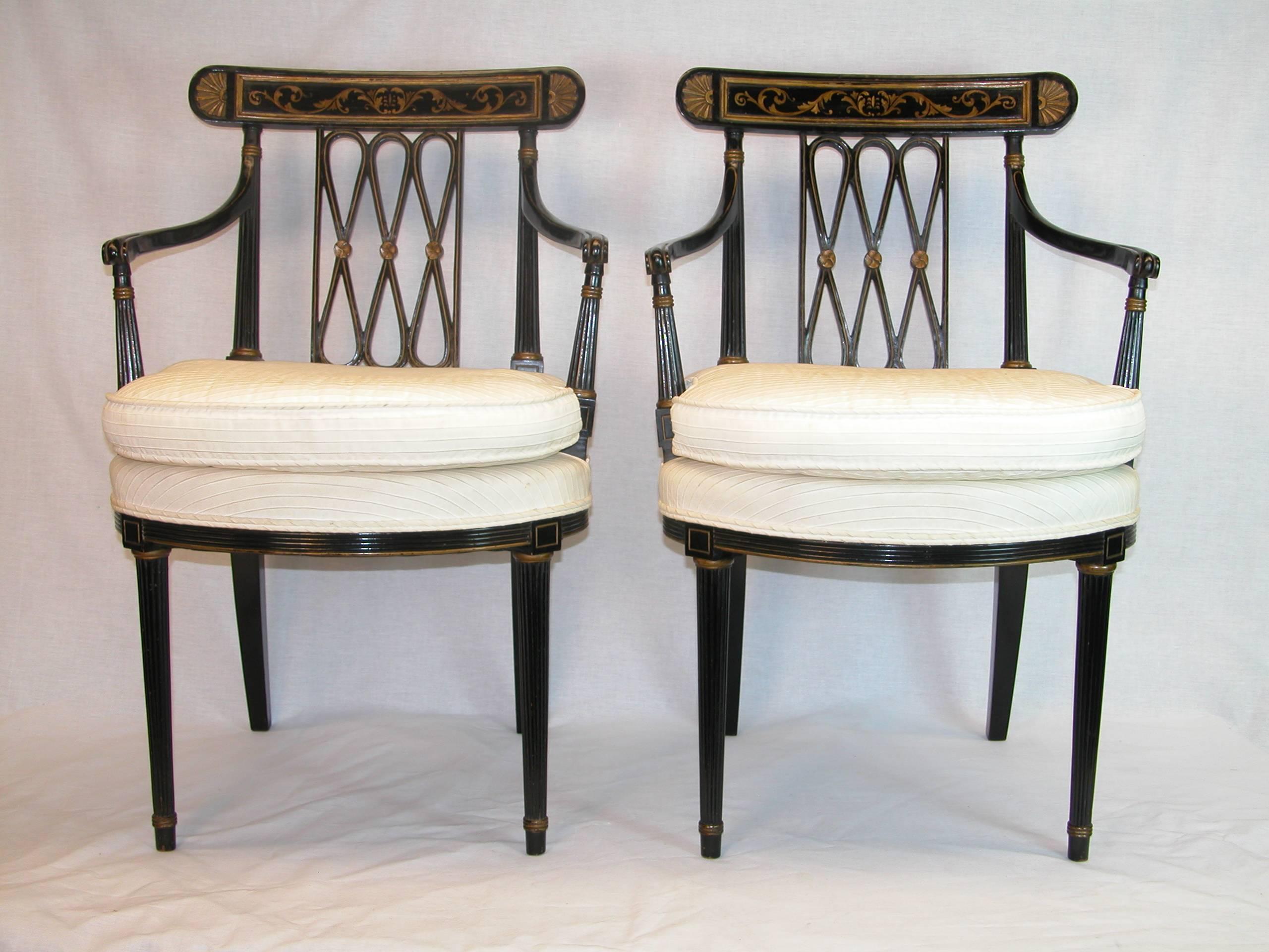 Wood Pair Black Lacquered & Gold Decorated Diamond Back Regency Open Armchairs C 1850 For Sale