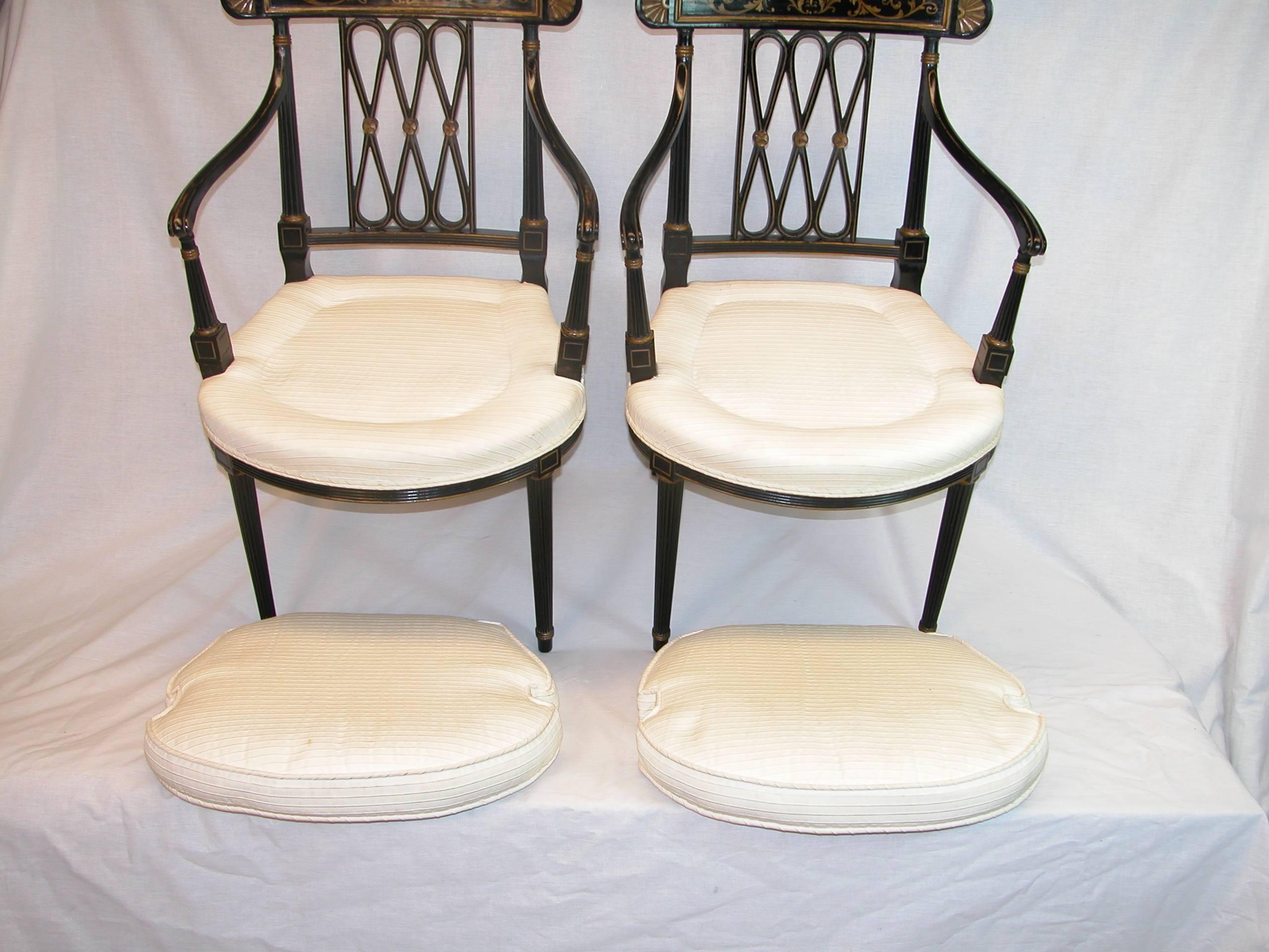 Pair Black Lacquered & Gold Decorated Diamond Back Regency Open Armchairs C 1850 For Sale 1