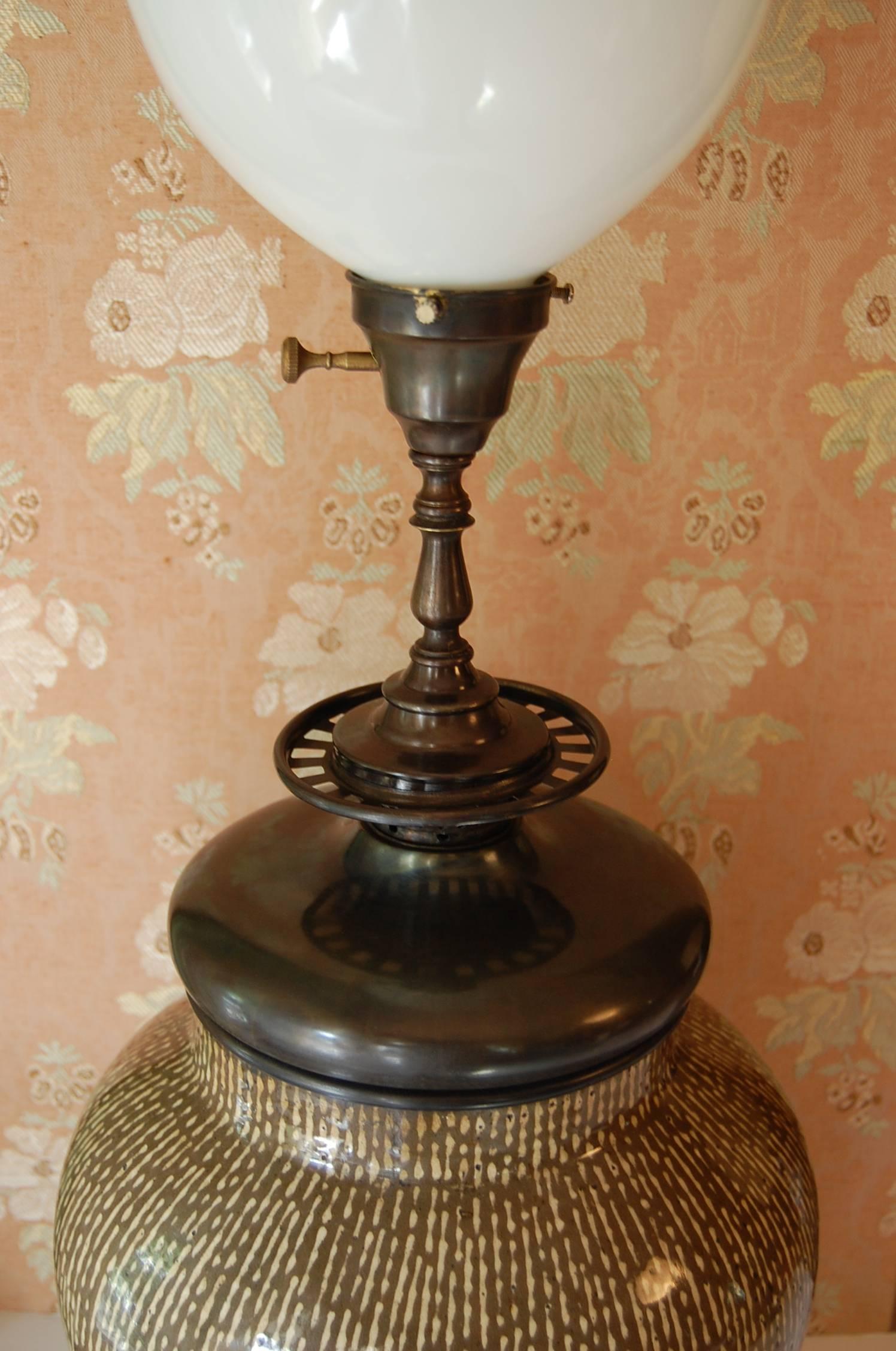 Large Asian Urn Wired as a Lamp with Bronze Base and Mounts, circa 1900 In Excellent Condition For Sale In Pittsburgh, PA