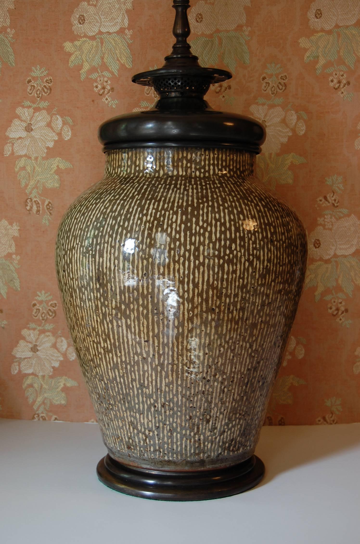 20th Century Large Asian Urn Wired as a Lamp with Bronze Base and Mounts, circa 1900 For Sale