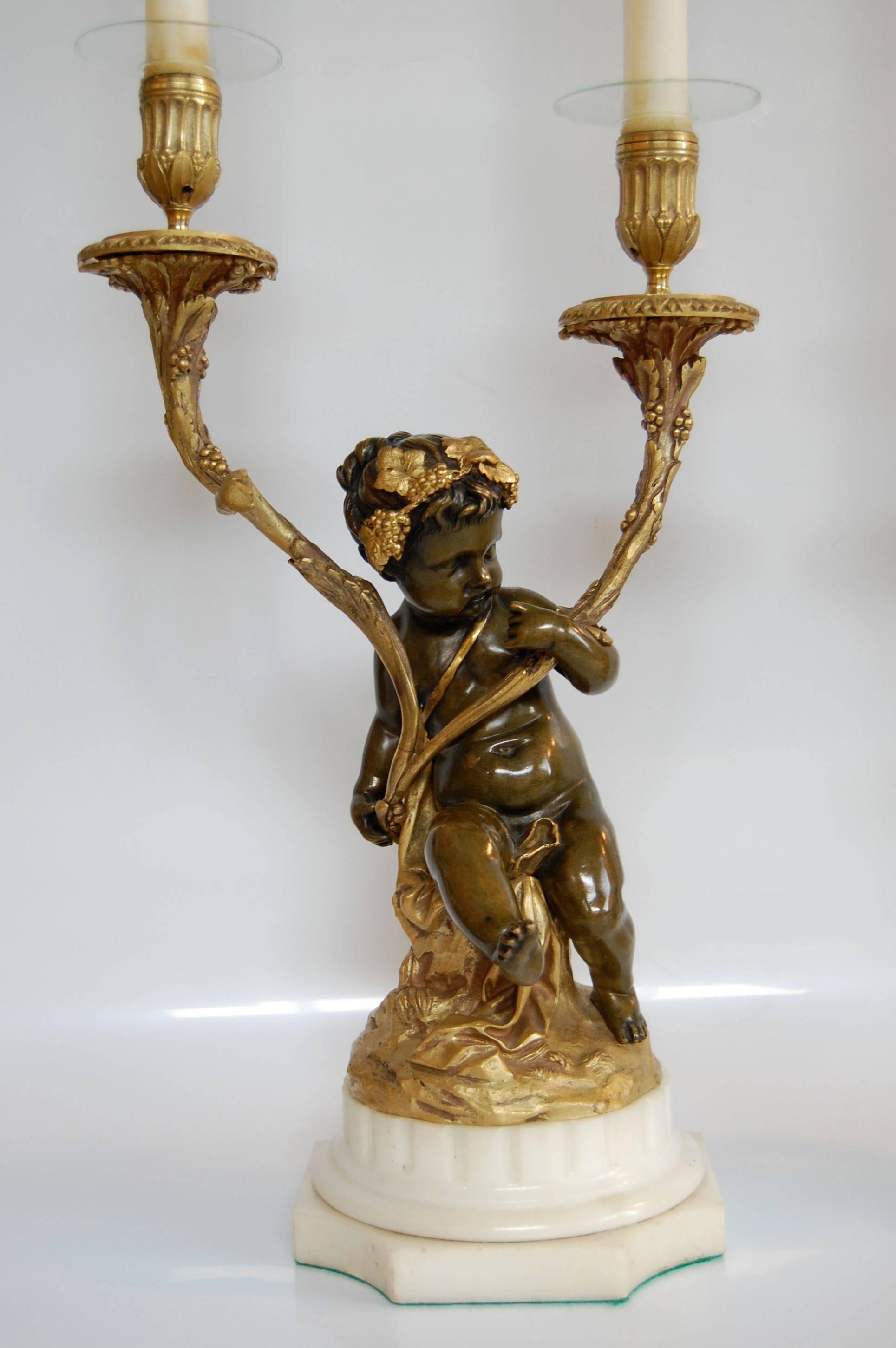 French Pair of Gilt and Patinated Two-Light Candelabra, Signed 