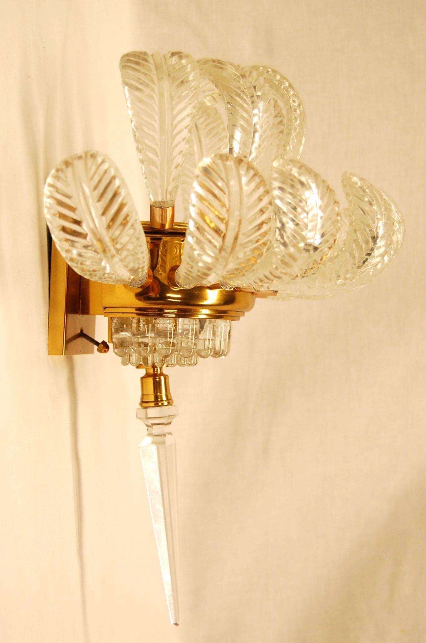 Art Deco demilune glass wall sconces, pair, circa 1930s, possibly Czech Republic in origin. Cleaned and rewired in the 1990s.