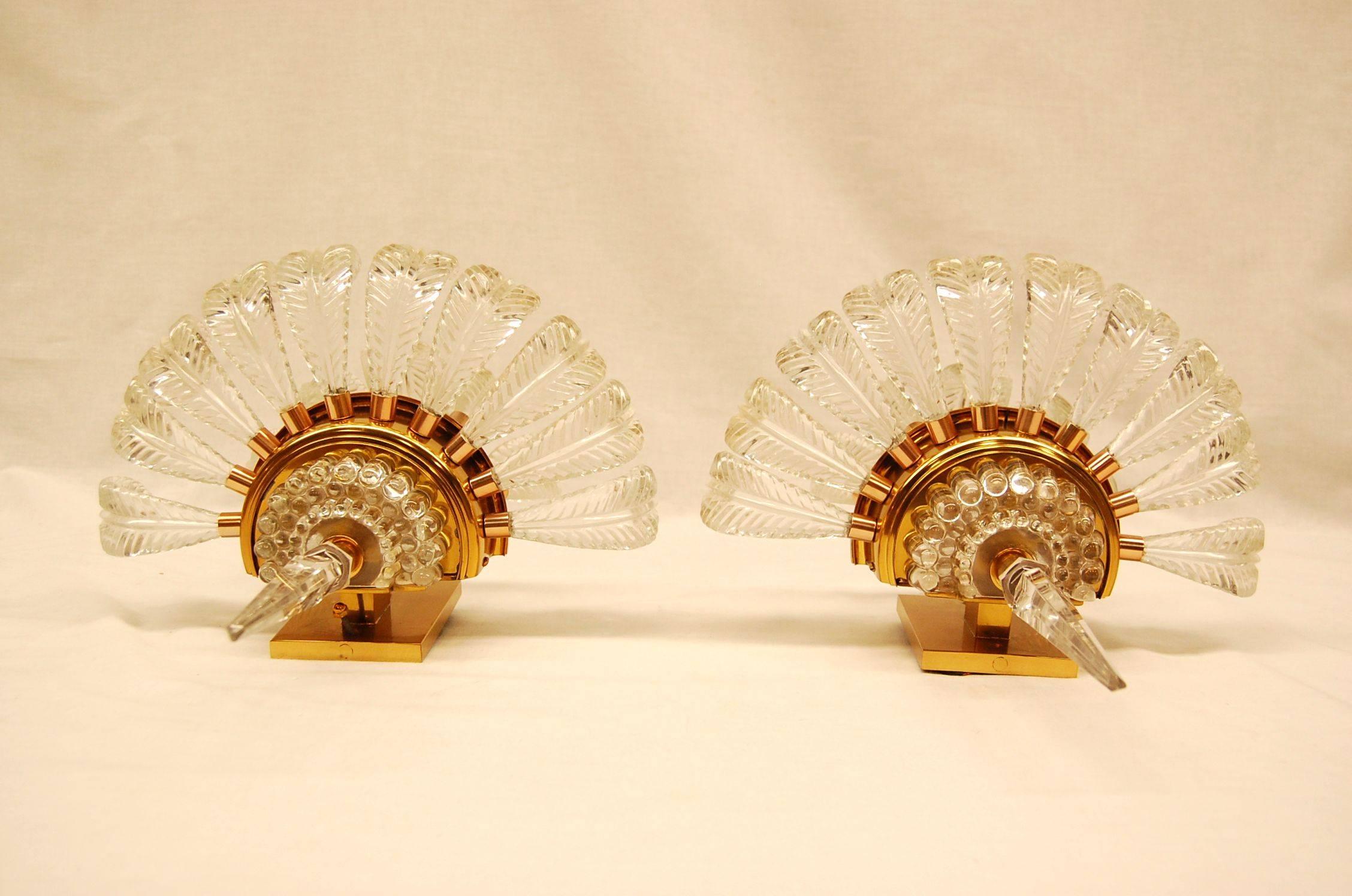 Unknown Pair of Art Deco Period Clear Glass and Brass Wall Sconces with Glass Feathers