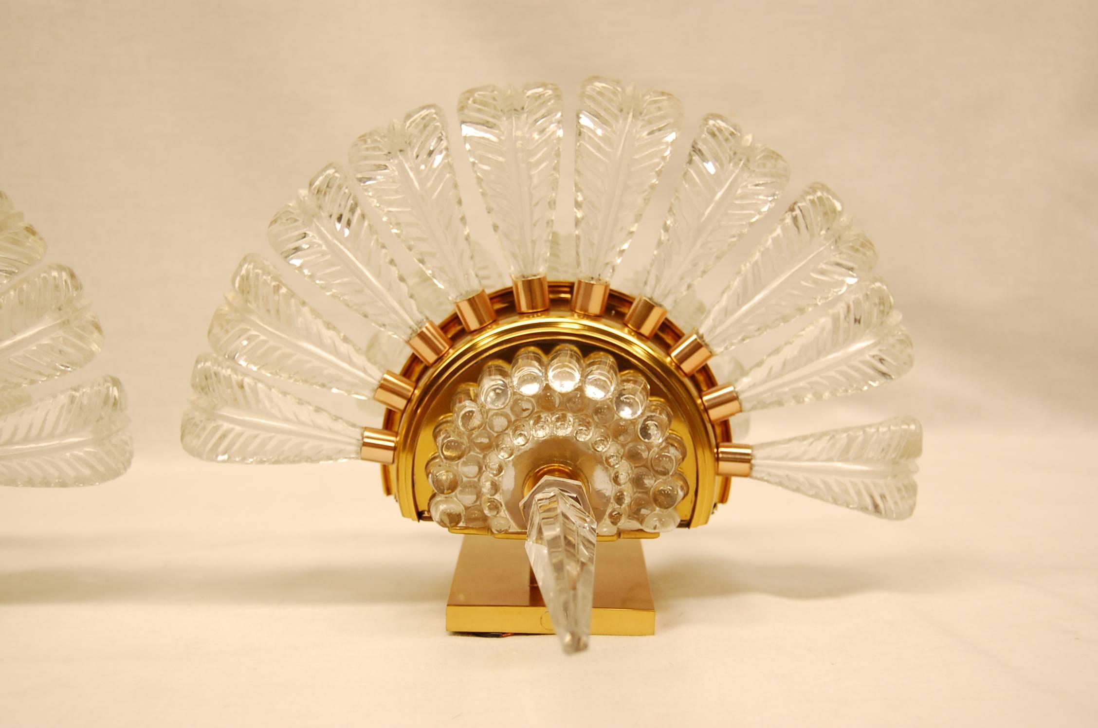 Pair of Art Deco Period Clear Glass and Brass Wall Sconces with Glass Feathers In Excellent Condition In Pittsburgh, PA