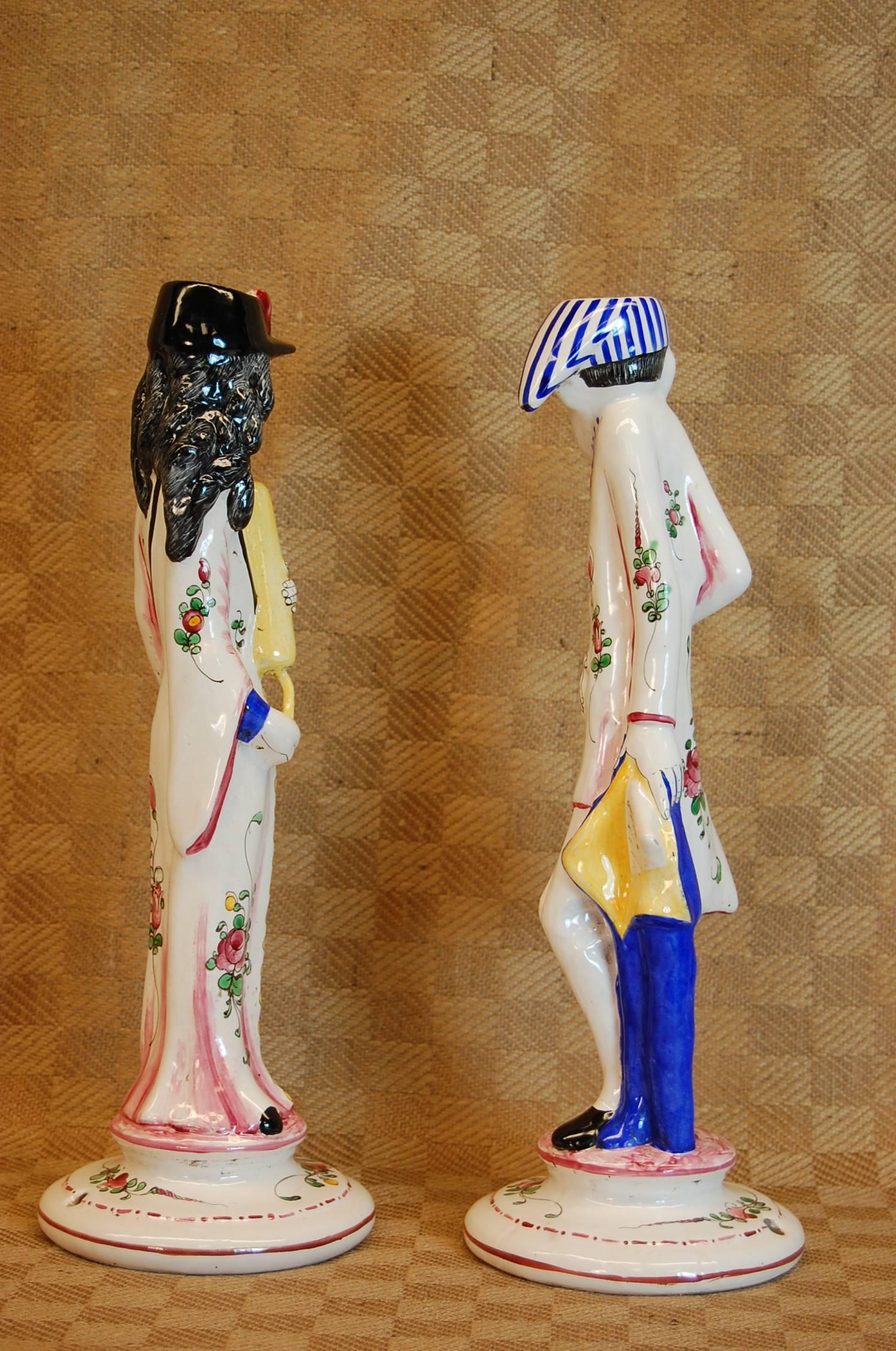 Art Deco Pair of Faience Decorated Candlesticks of Doctor & Patient, Possibly Desvres For Sale