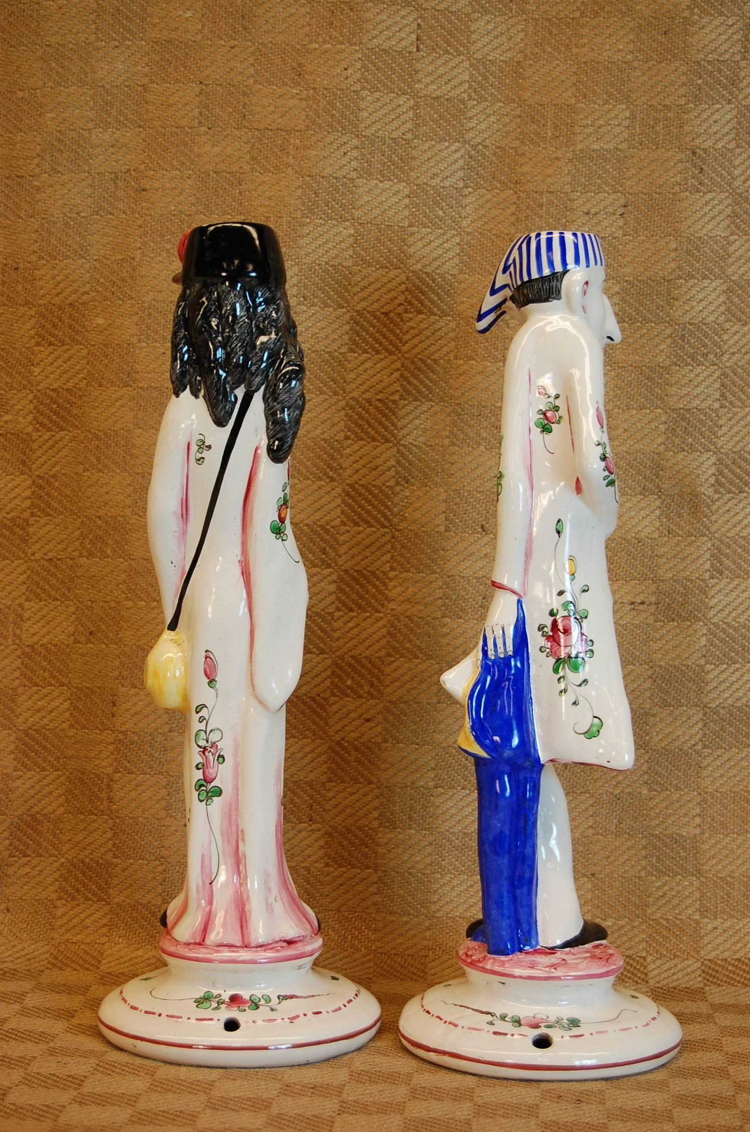 French Pair of Faience Decorated Candlesticks of Doctor & Patient, Possibly Desvres For Sale