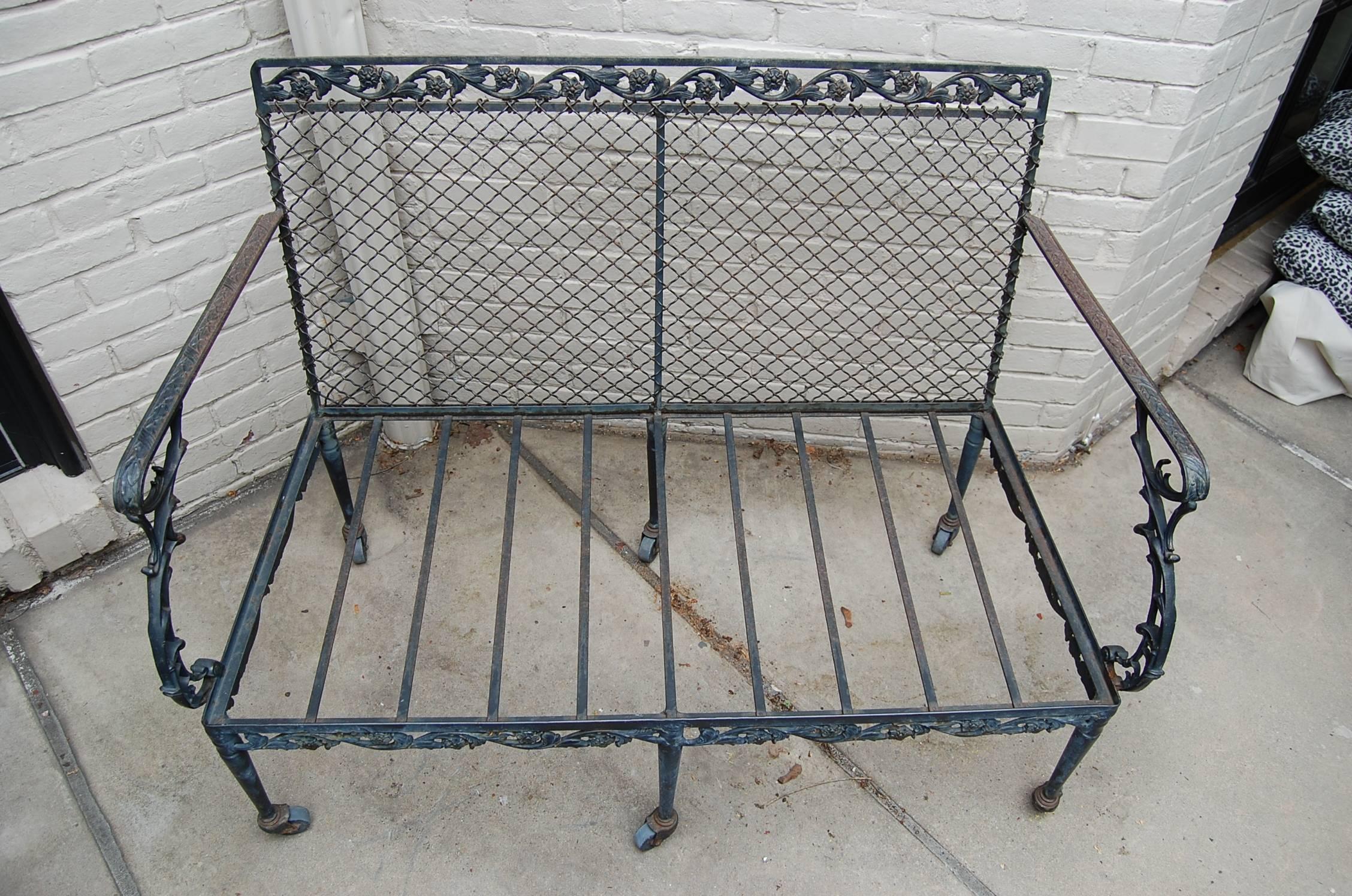 Settee with Cast Iron Scroll Work and Wire Mesh Back in Regency Style In Excellent Condition For Sale In Pittsburgh, PA