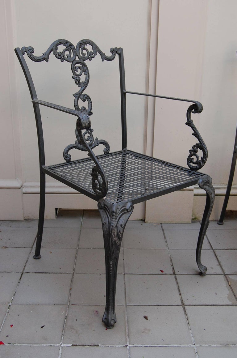 Set of Three American Cast Iron Chairs with Mesh Seats, Early 20th