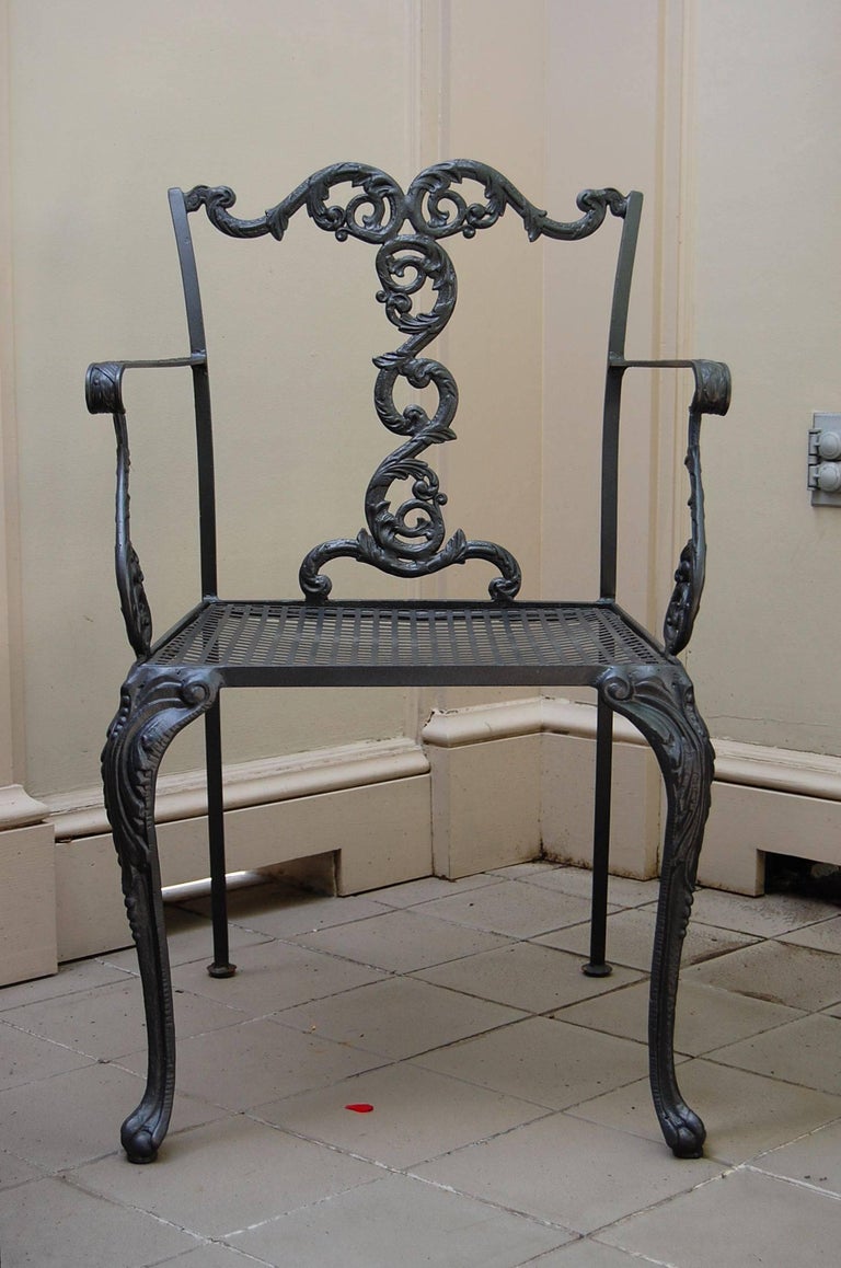 Set of Three American Cast Iron Chairs with Mesh Seats, Early 20th