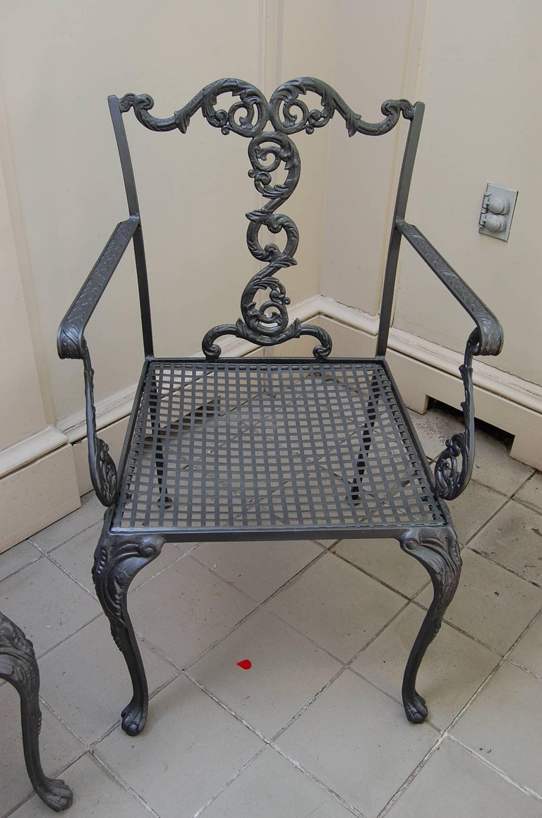 Set of Three American Cast Iron Chairs with Mesh Seats, Early 20th