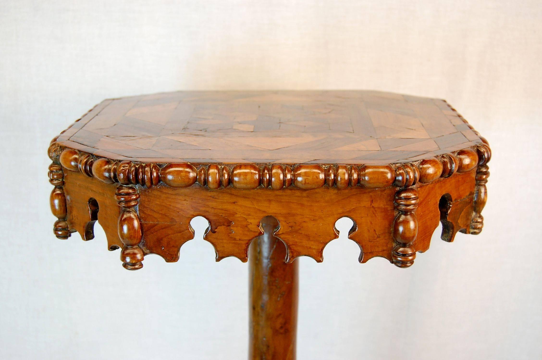 19th Century A William IV Parquetry Candle Stand with Octagonal Top and Gothic Themed Apron