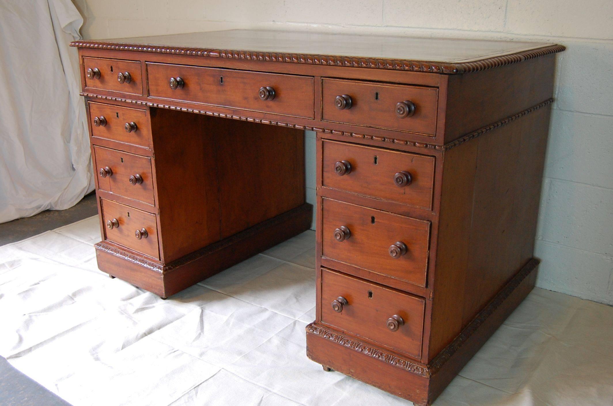 British Georgian Style Mahogany Partners Desk with Leather Top, circa 1900