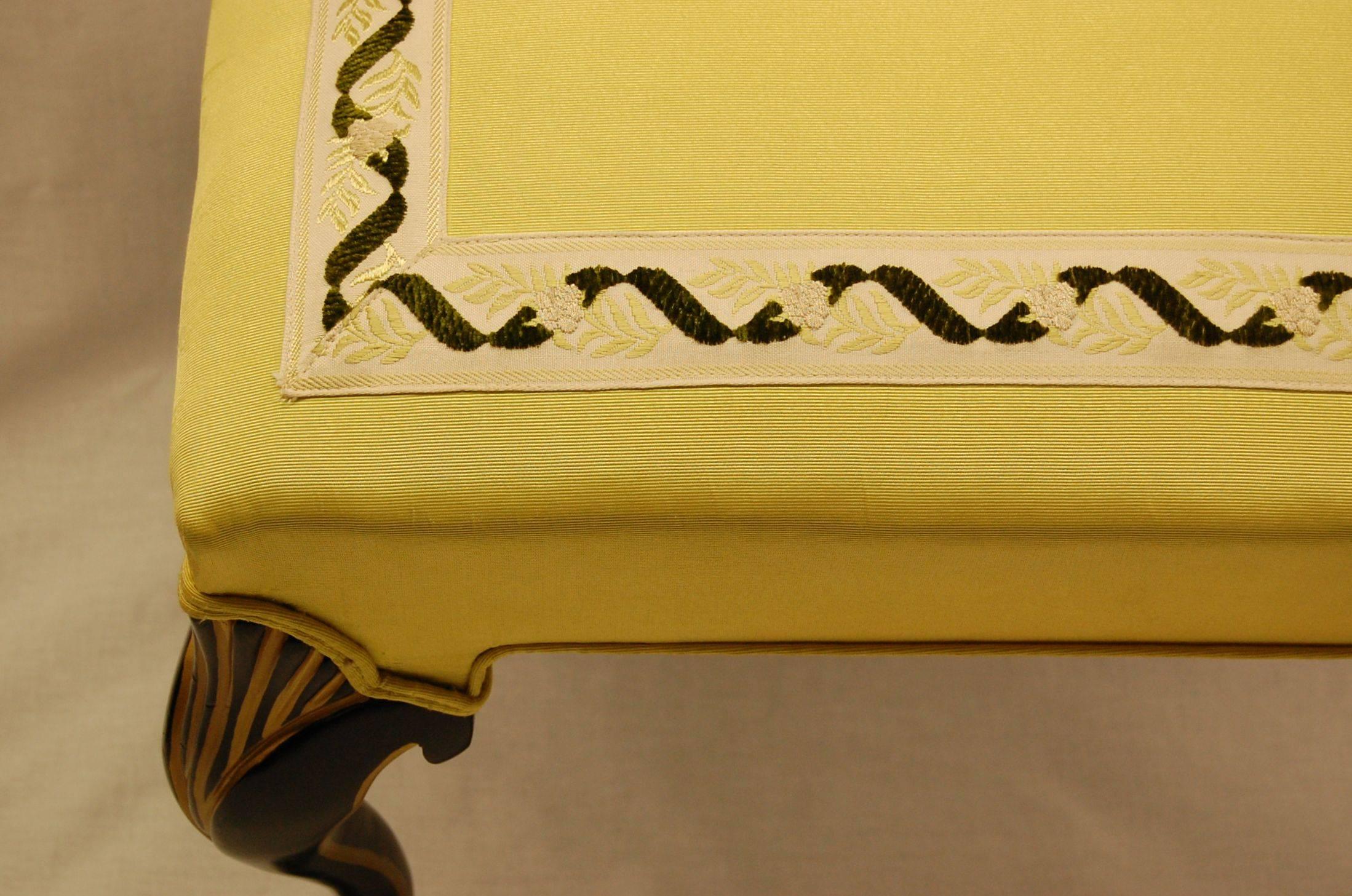 American Gold Decorated Black Lacquered Bench Covered in Yellow Moire Fabric For Sale