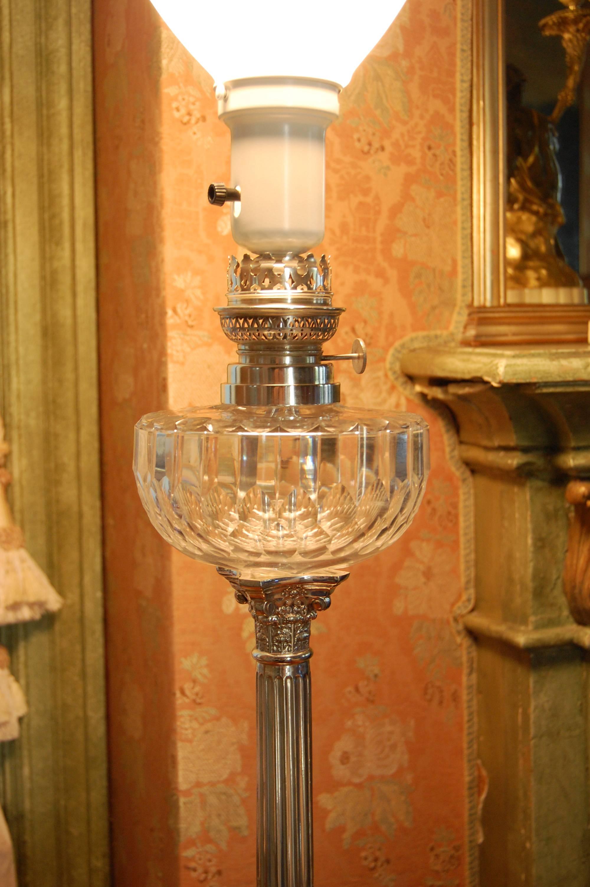 Pair of Silver Plate Candlestick Lamps with Cut Crystal Font on Marble Bases In Excellent Condition In Pittsburgh, PA