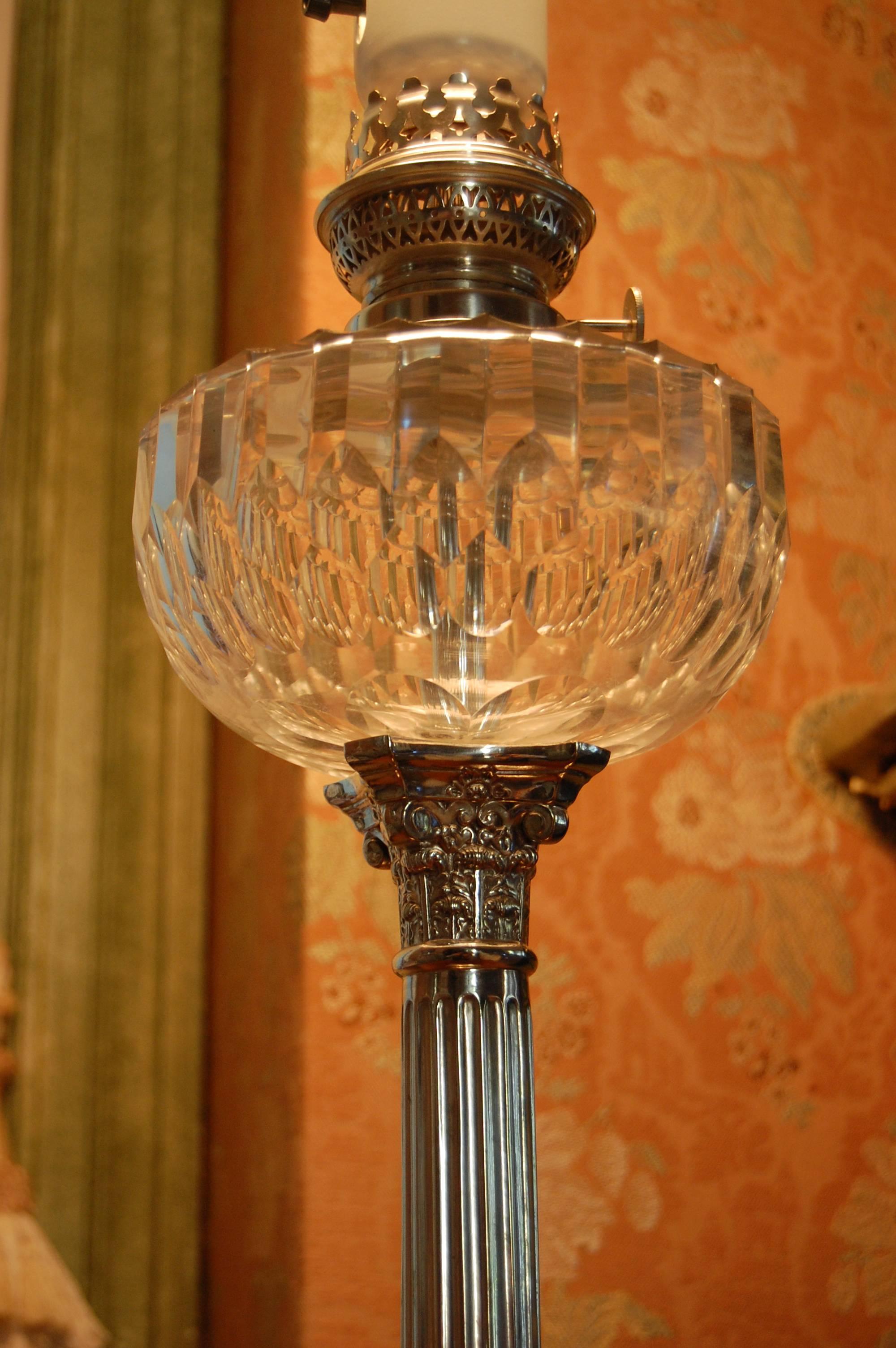 Great Britain (UK) Pair of Silver Plate Candlestick Lamps with Cut Crystal Font on Marble Bases