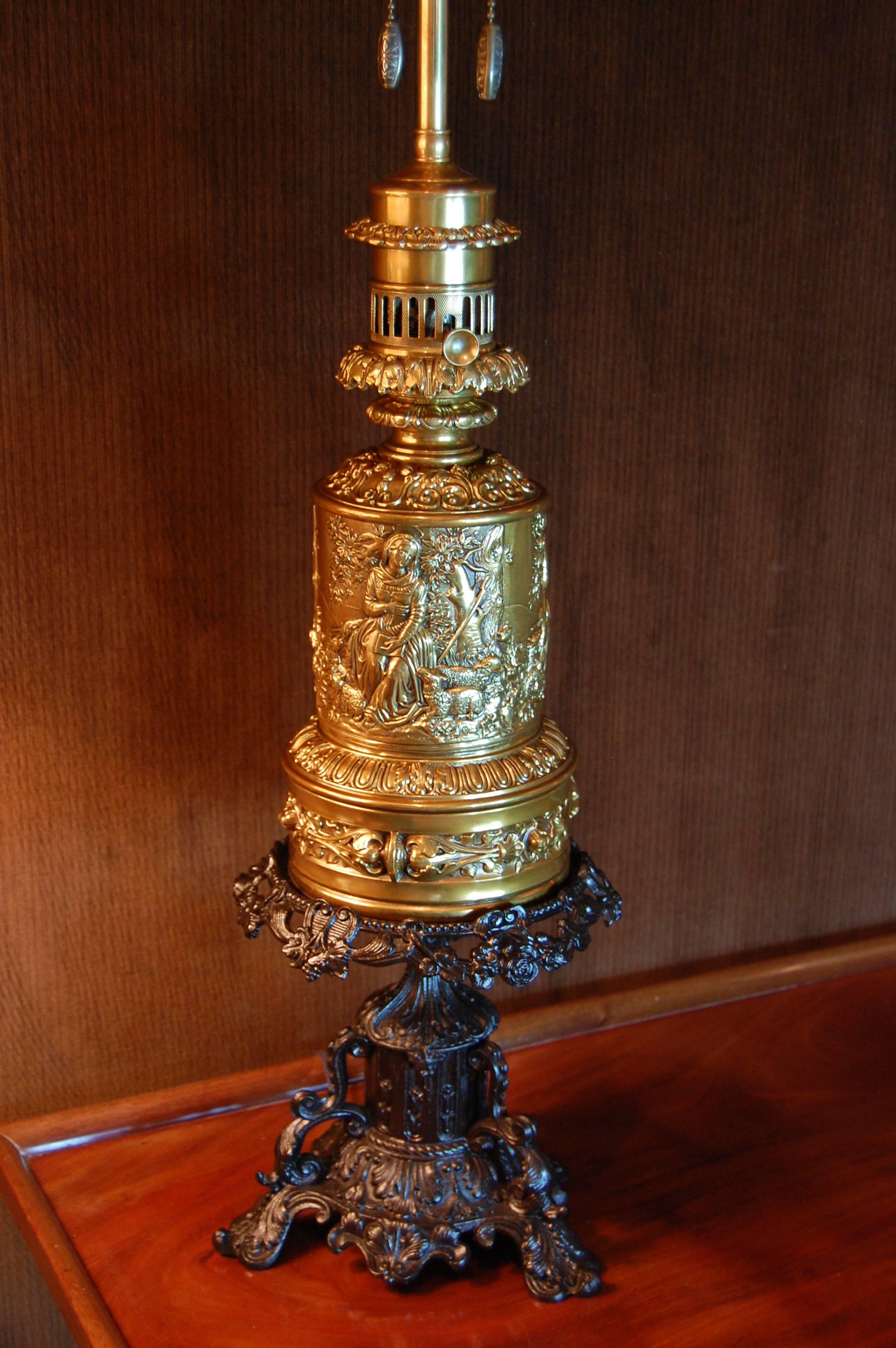 Gilt Finished Brass Oil Lamp on Tazza Base In Excellent Condition For Sale In Pittsburgh, PA