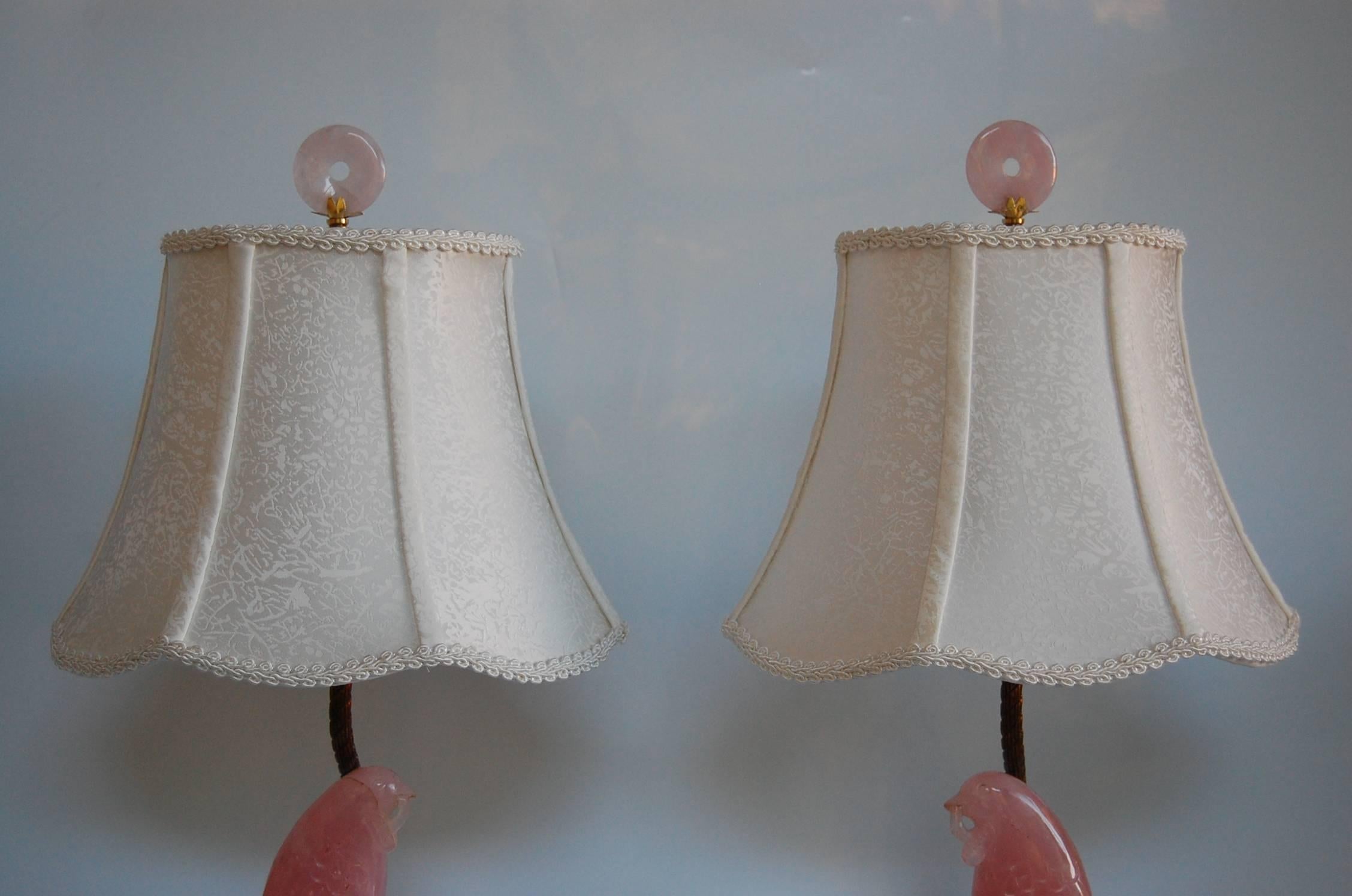 Chinoiserie Pair of Carved Rose Quartz Dressing Table Lamps with Custom Silk Shades, C. 1925