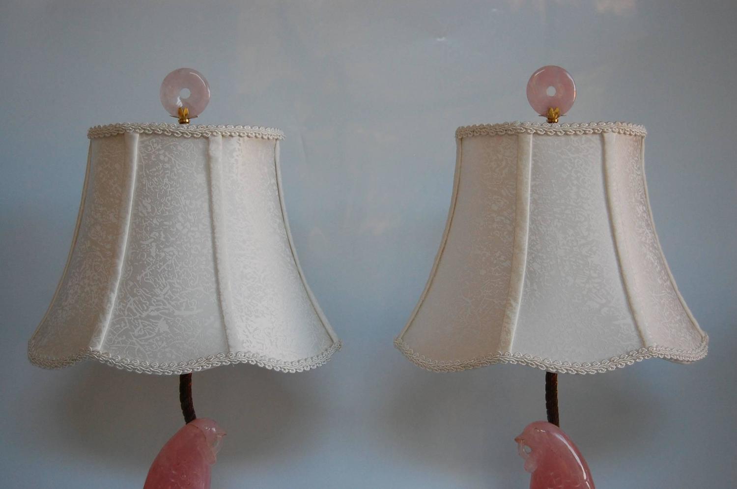 Pair of Carved Rose Quartz Dressing Table Lamps with Custom Silk Shades