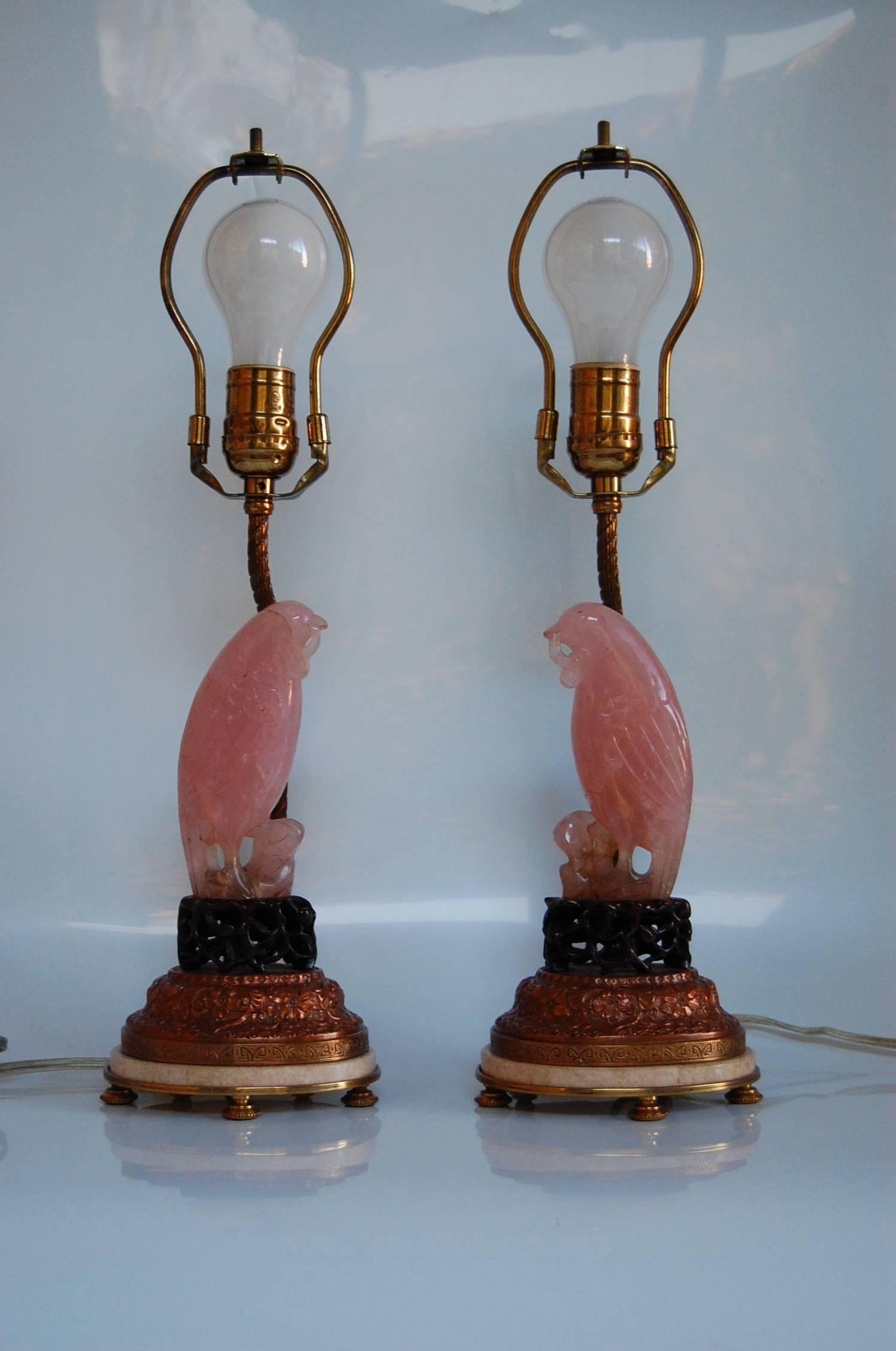 Pair of Carved Rose Quartz Dressing Table Lamps with Custom Silk Shades, C. 1925 In Excellent Condition In Pittsburgh, PA