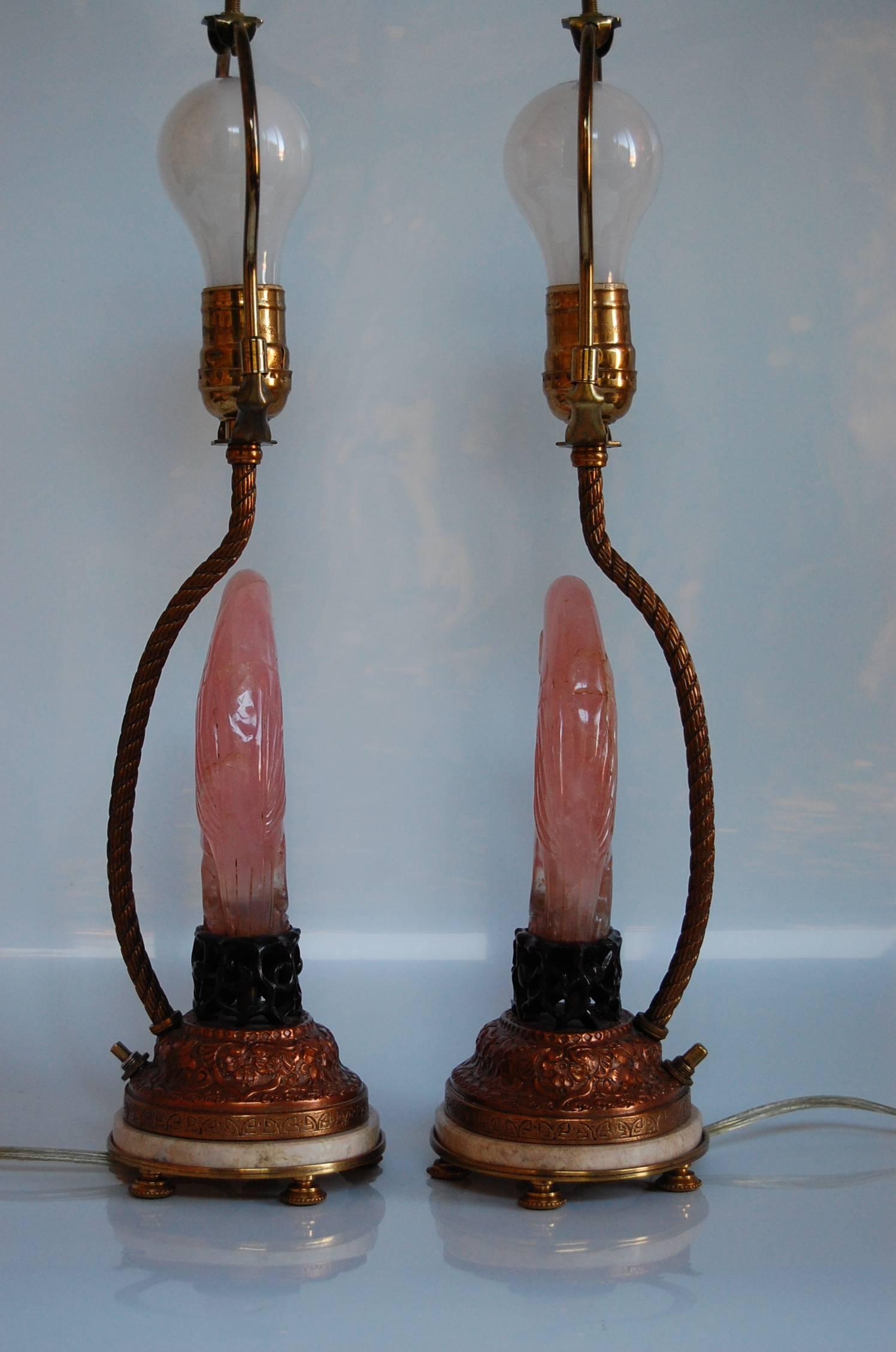 French Pair of Carved Rose Quartz Dressing Table Lamps with Custom Silk Shades, C. 1925