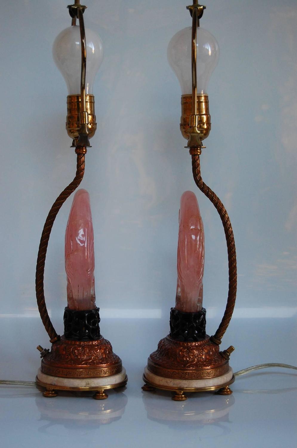 Pair of Carved Rose Quartz Dressing Table Lamps with Custom Silk Shades