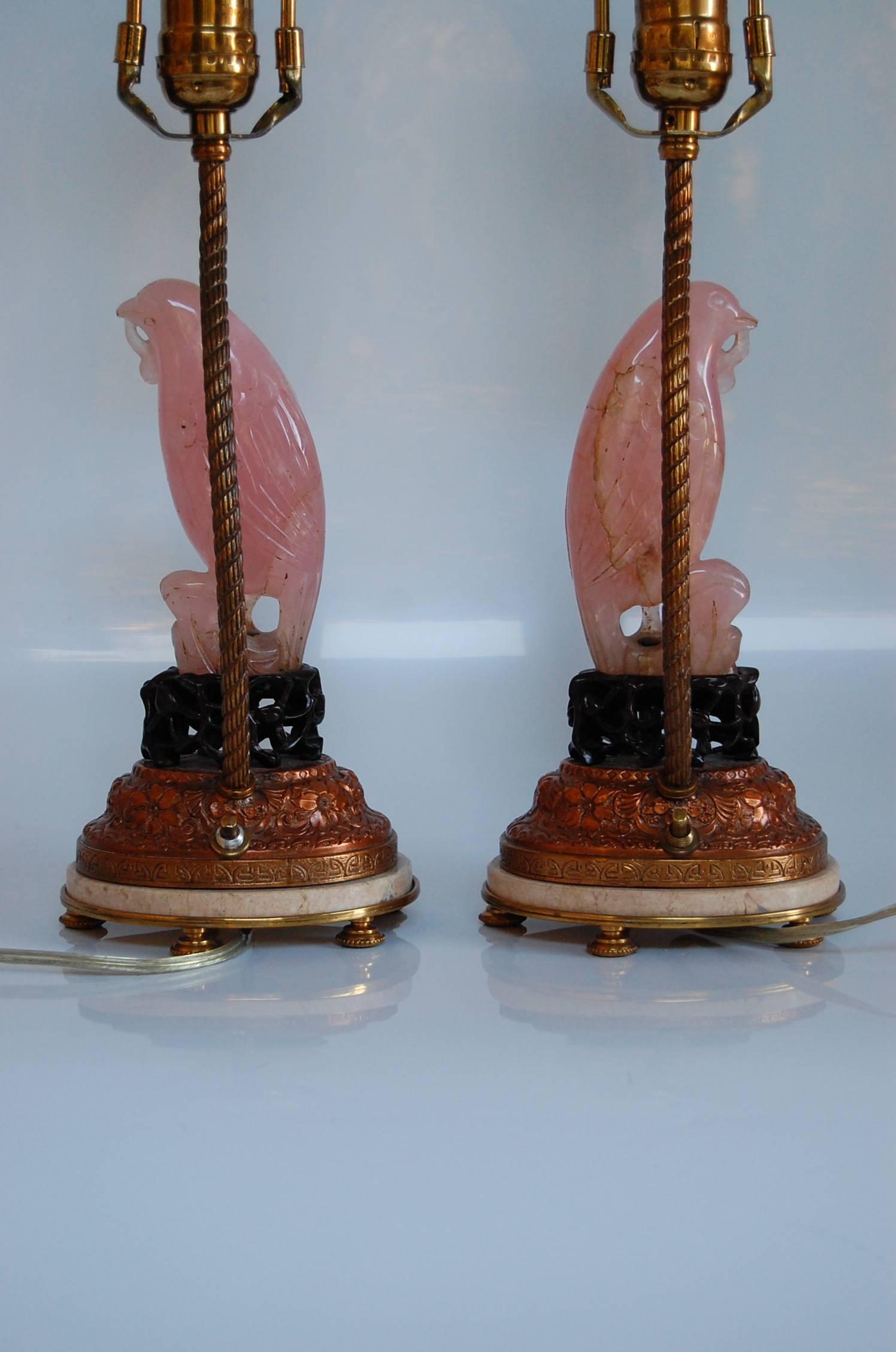 Early 20th Century Pair of Carved Rose Quartz Dressing Table Lamps with Custom Silk Shades, C. 1925