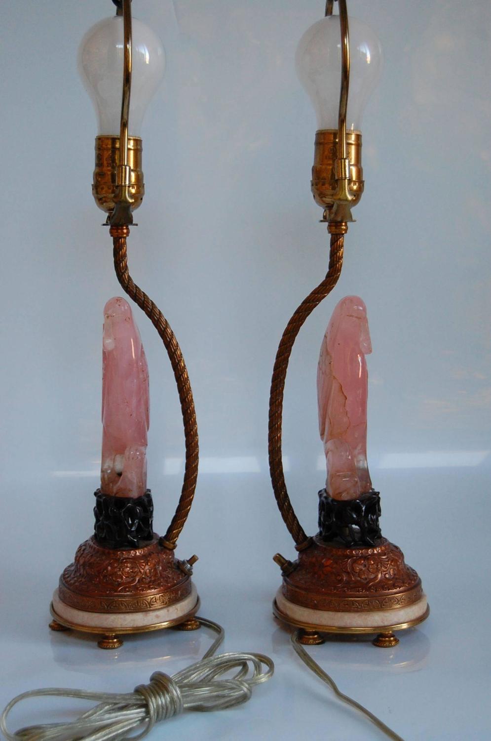 Pair of Carved Rose Quartz Dressing Table Lamps with Custom Silk Shades
