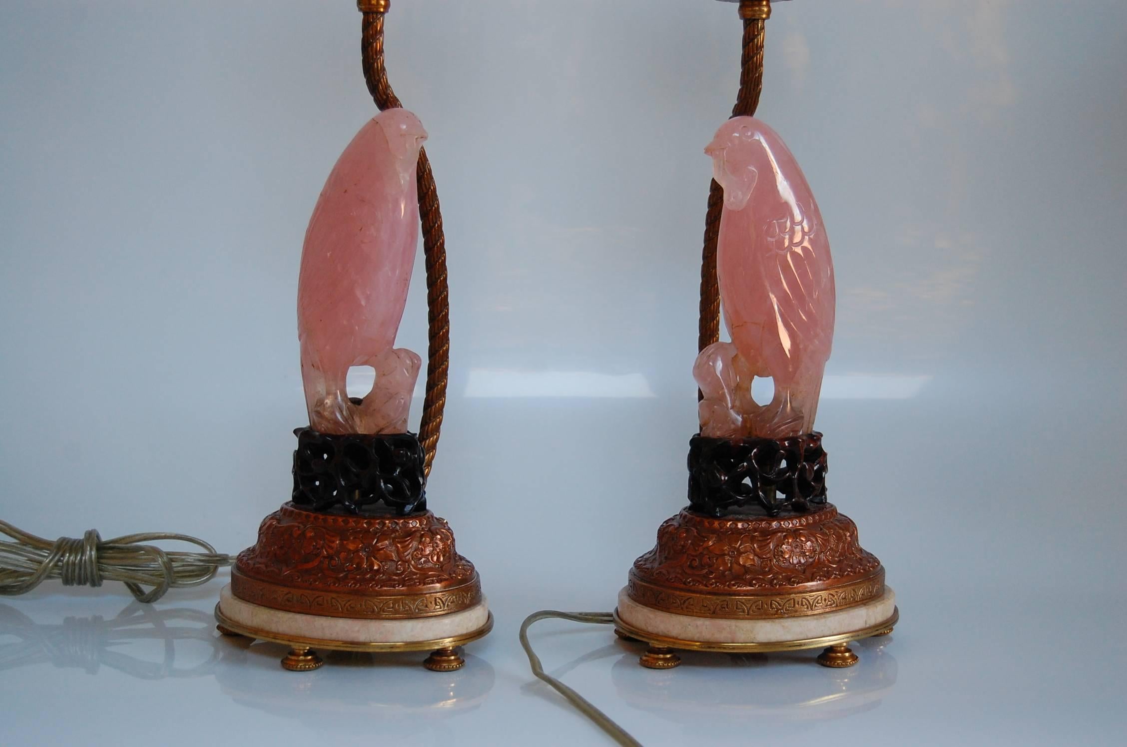 Pair of Carved Rose Quartz Dressing Table Lamps with Custom Silk Shades, C. 1925 1