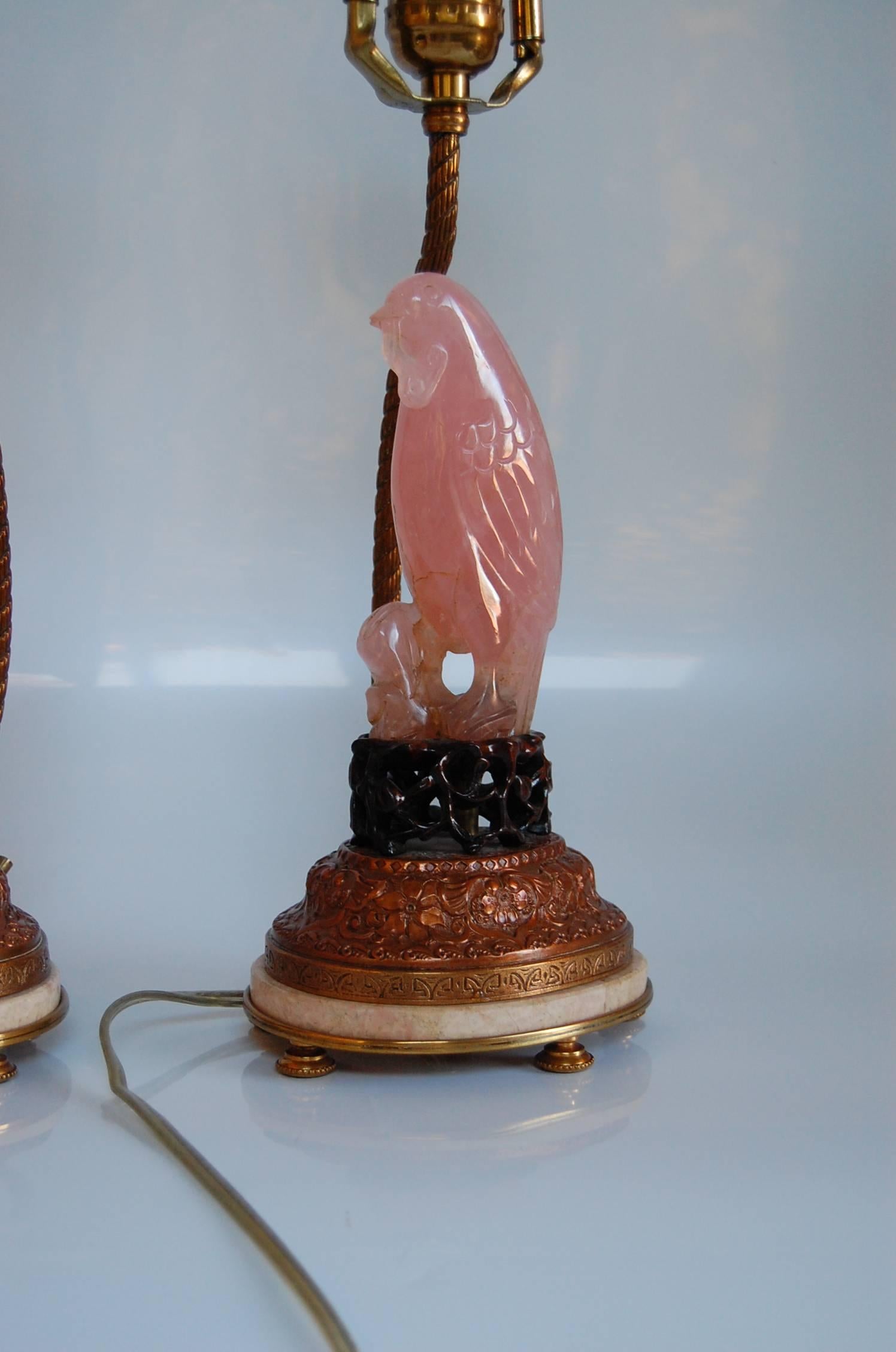 Pair of Carved Rose Quartz Dressing Table Lamps with Custom Silk Shades, C. 1925 2