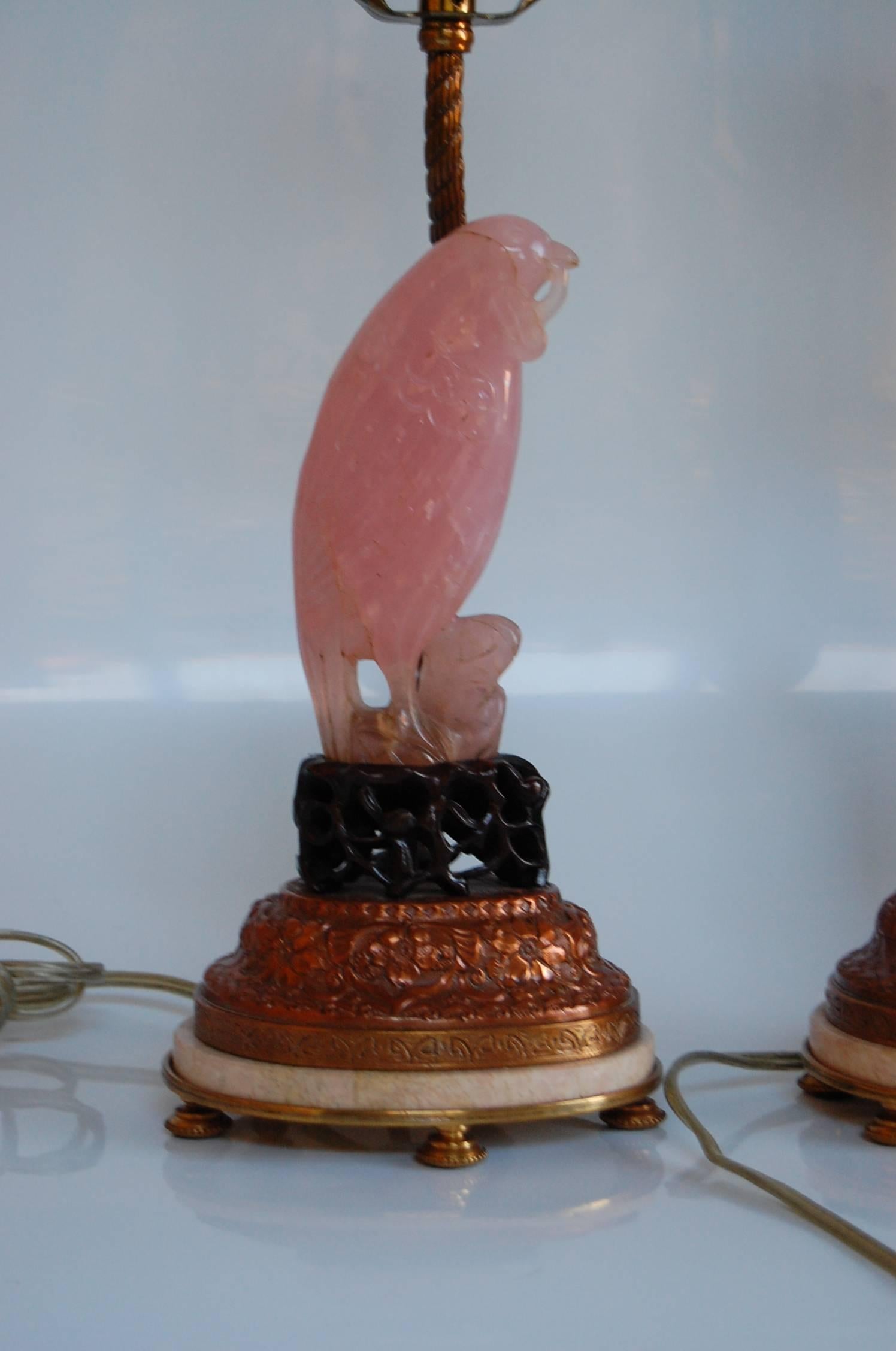 Hand-Carved Pair of Carved Rose Quartz Dressing Table Lamps with Custom Silk Shades, C. 1925