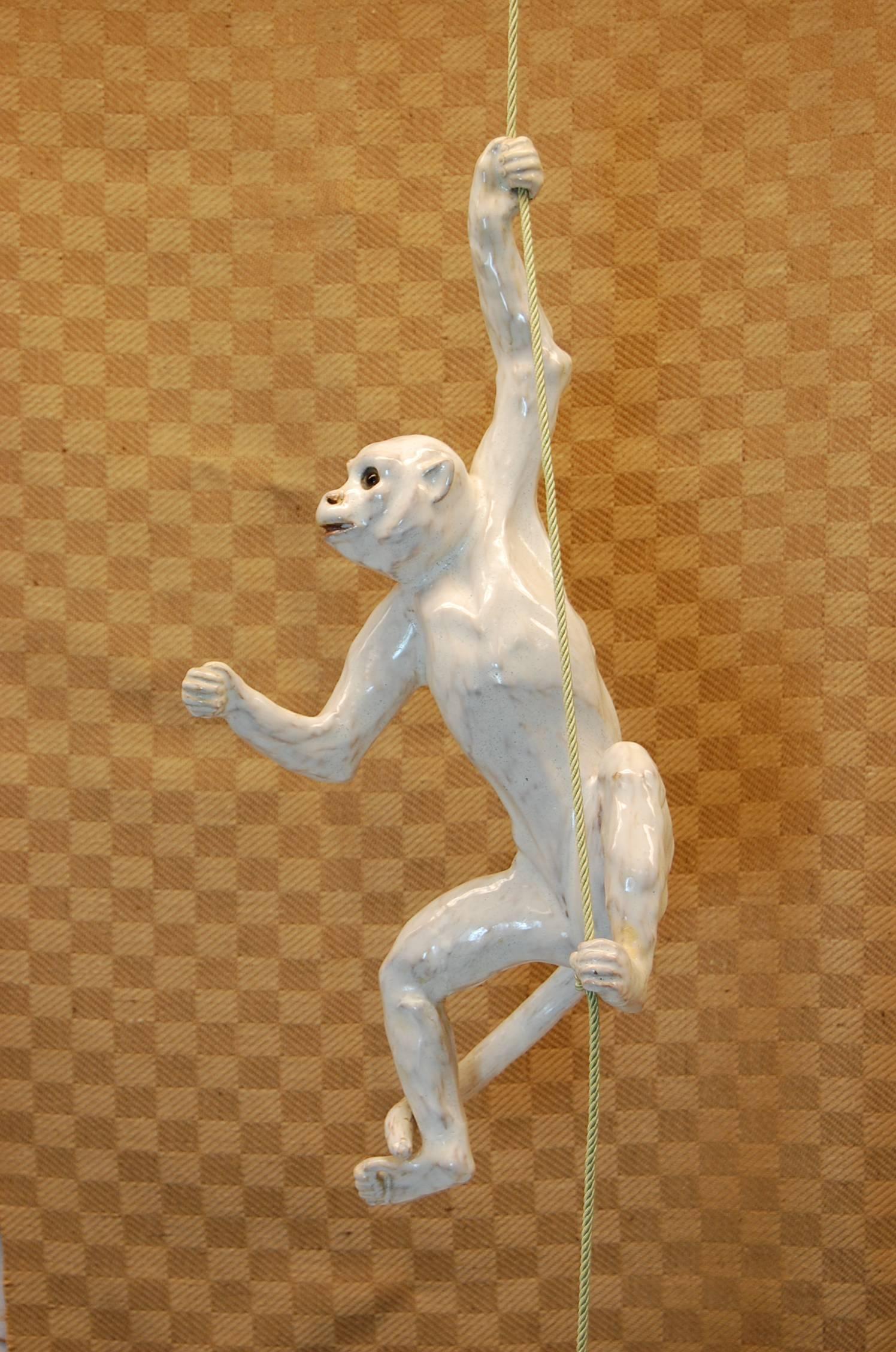 Two 19th Century French Glazed Terracotta Monkeys, One Seated and One Hanging For Sale 3