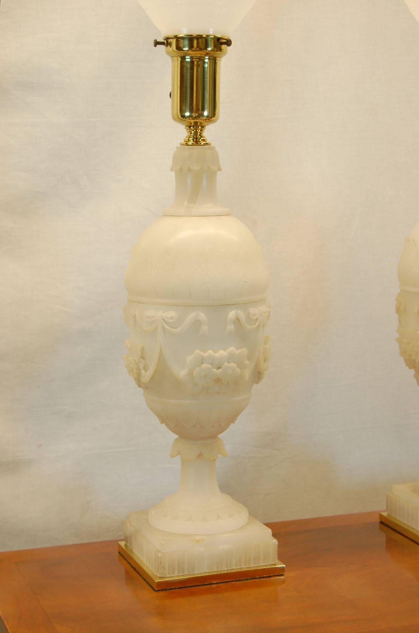 Pair of 19th Century Carved Alabaster Italian Urns Wired as Lamps In Excellent Condition In Pittsburgh, PA