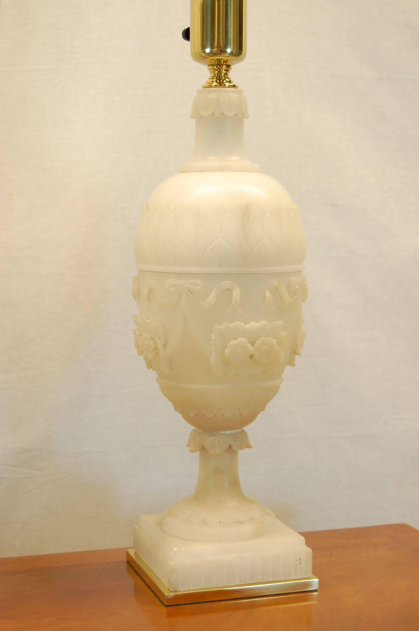 Hand-Carved Pair of 19th Century Carved Alabaster Italian Urns Wired as Lamps