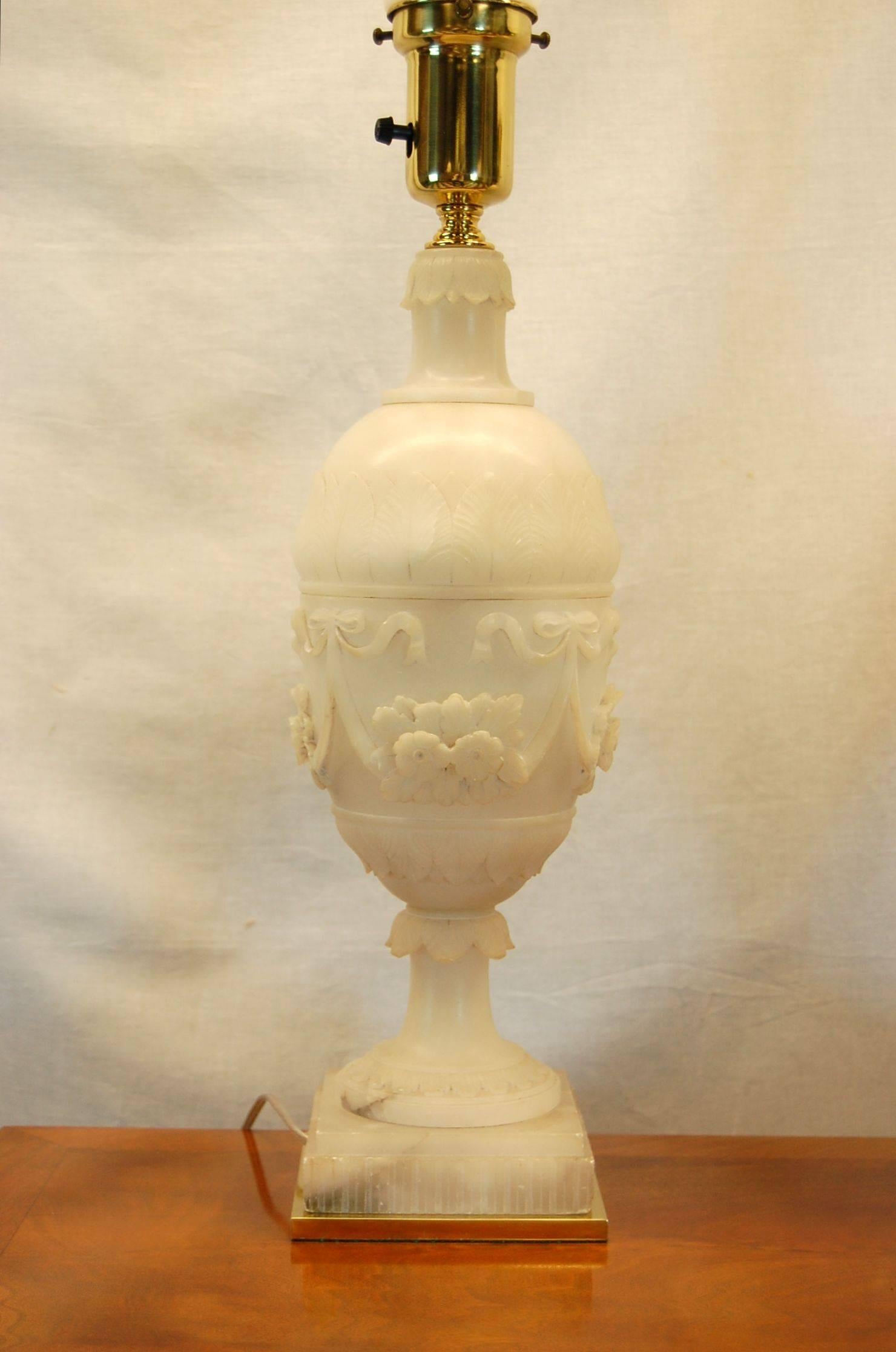 Late 19th Century Pair of 19th Century Carved Alabaster Italian Urns Wired as Lamps