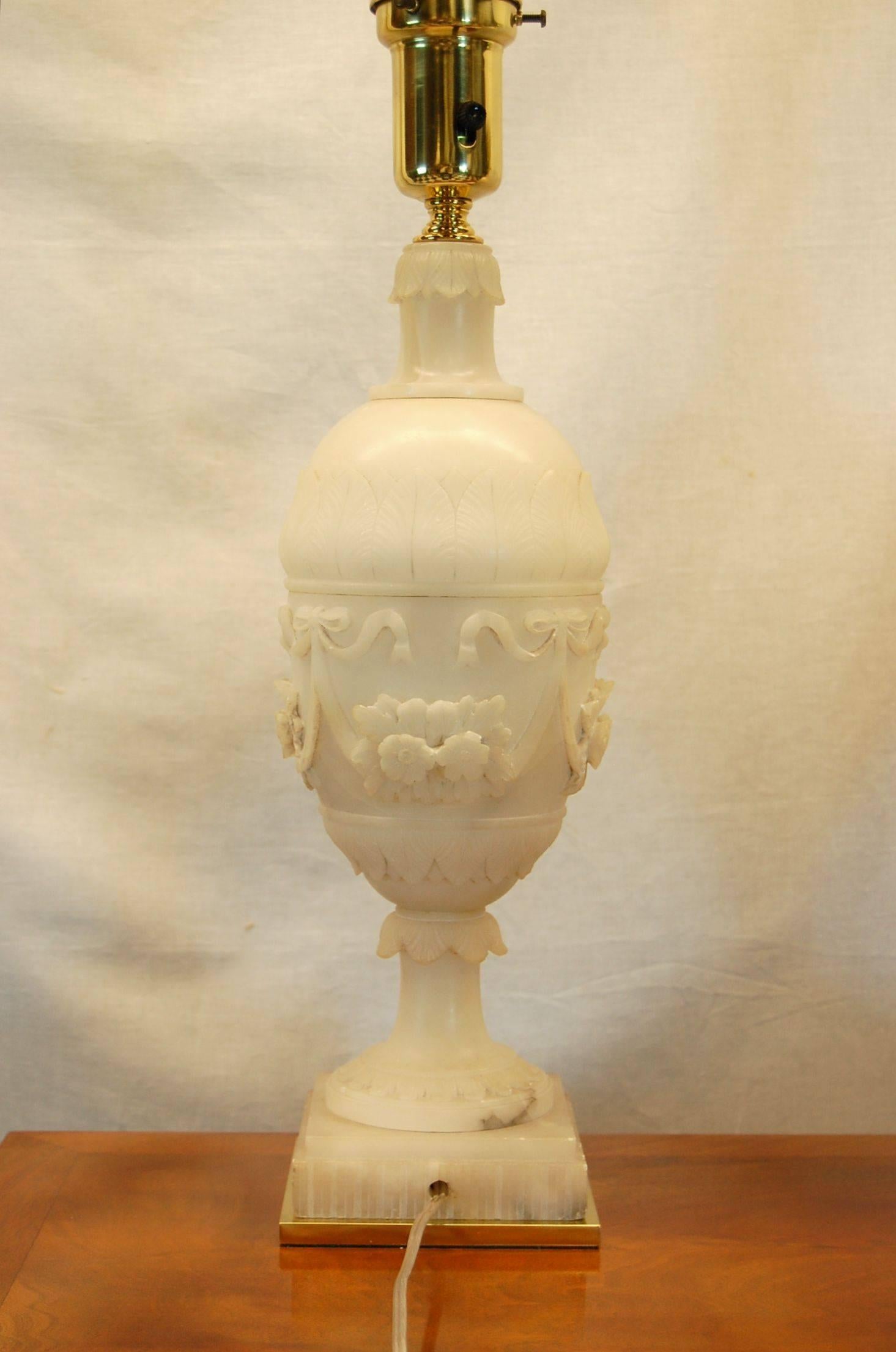 Neoclassical Pair of 19th Century Carved Alabaster Italian Urns Wired as Lamps