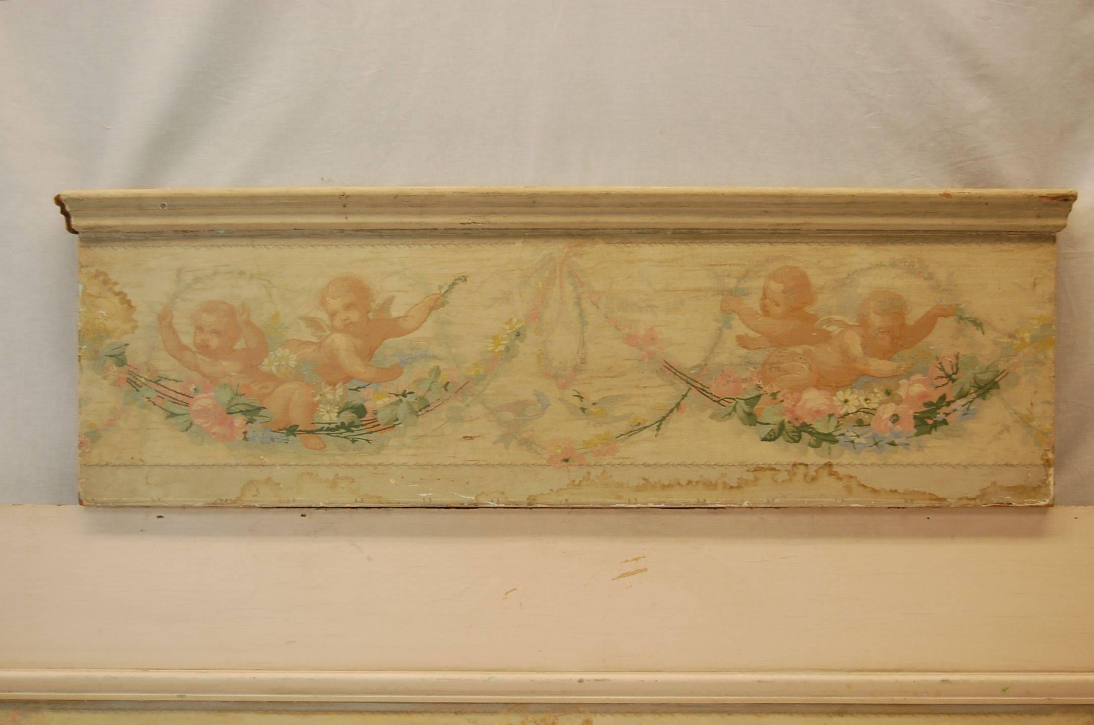 Two valences on plywood, the smaller valence is 43 5/16 inches x 12 1/4 inches with 2 inch returns. The second valence is 66 x 12 tall. Originally purchased from Gracie, Inc. in New York City in the 1930s by Mrs. M.W. Singer and were used as window