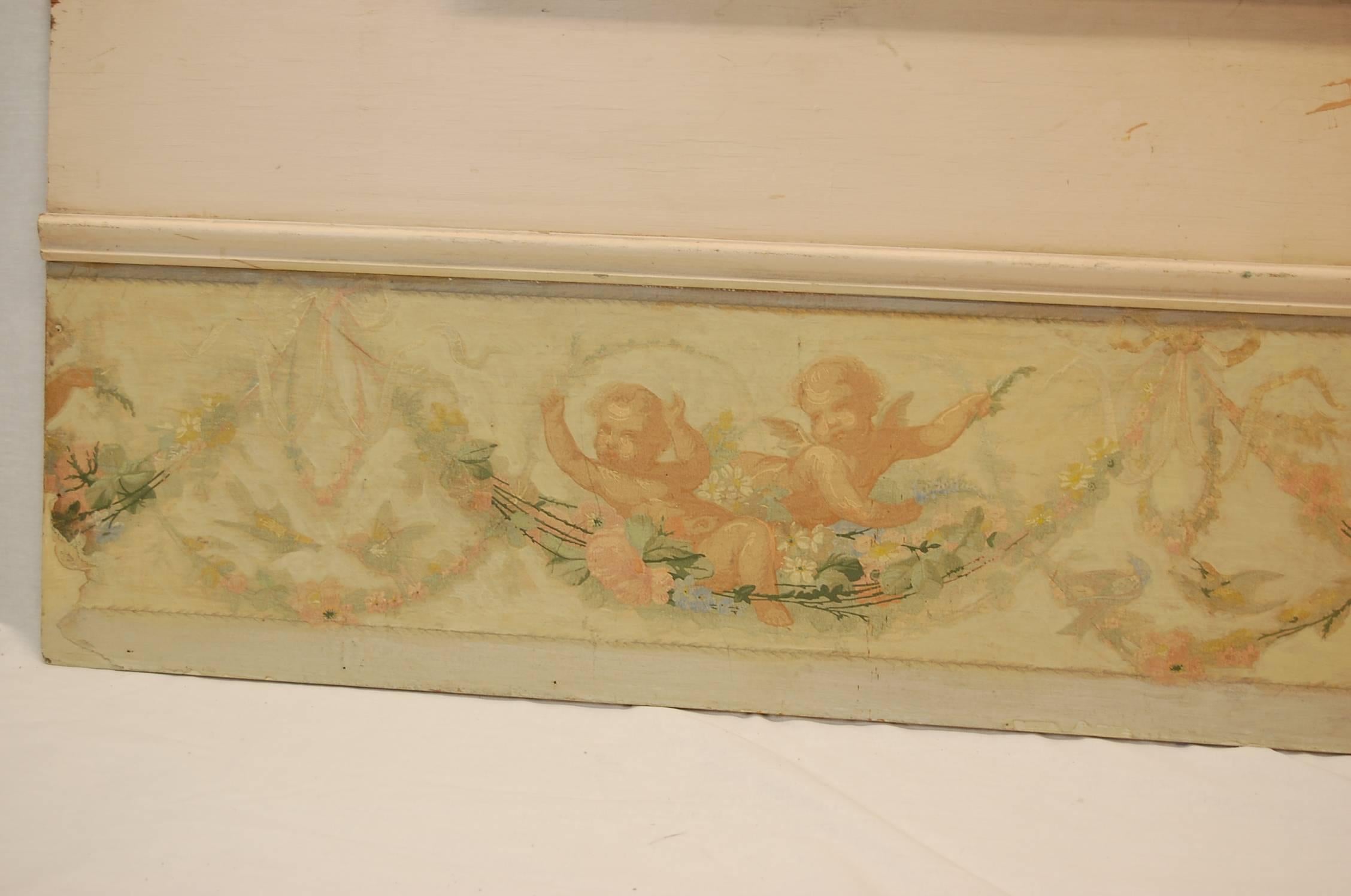 Louis XVI Two Antique French Painted Cherubs on Paper Mounted to Plywood Valences For Sale