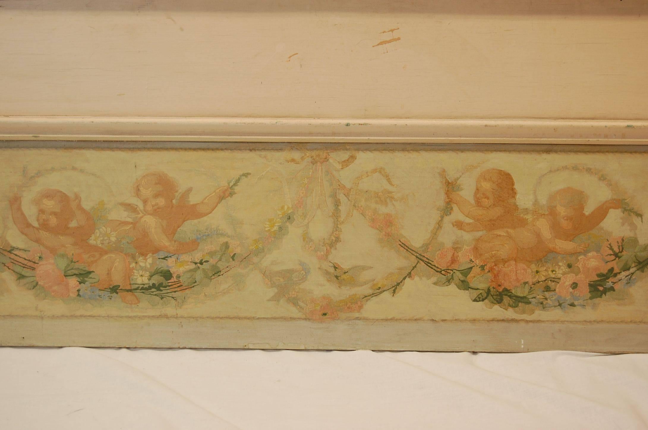 Hand-Painted Two Antique French Painted Cherubs on Paper Mounted to Plywood Valences For Sale