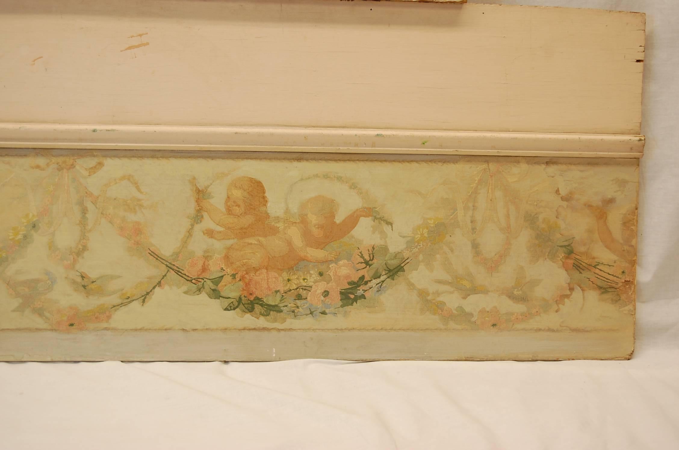 20th Century Two Antique French Painted Cherubs on Paper Mounted to Plywood Valences For Sale