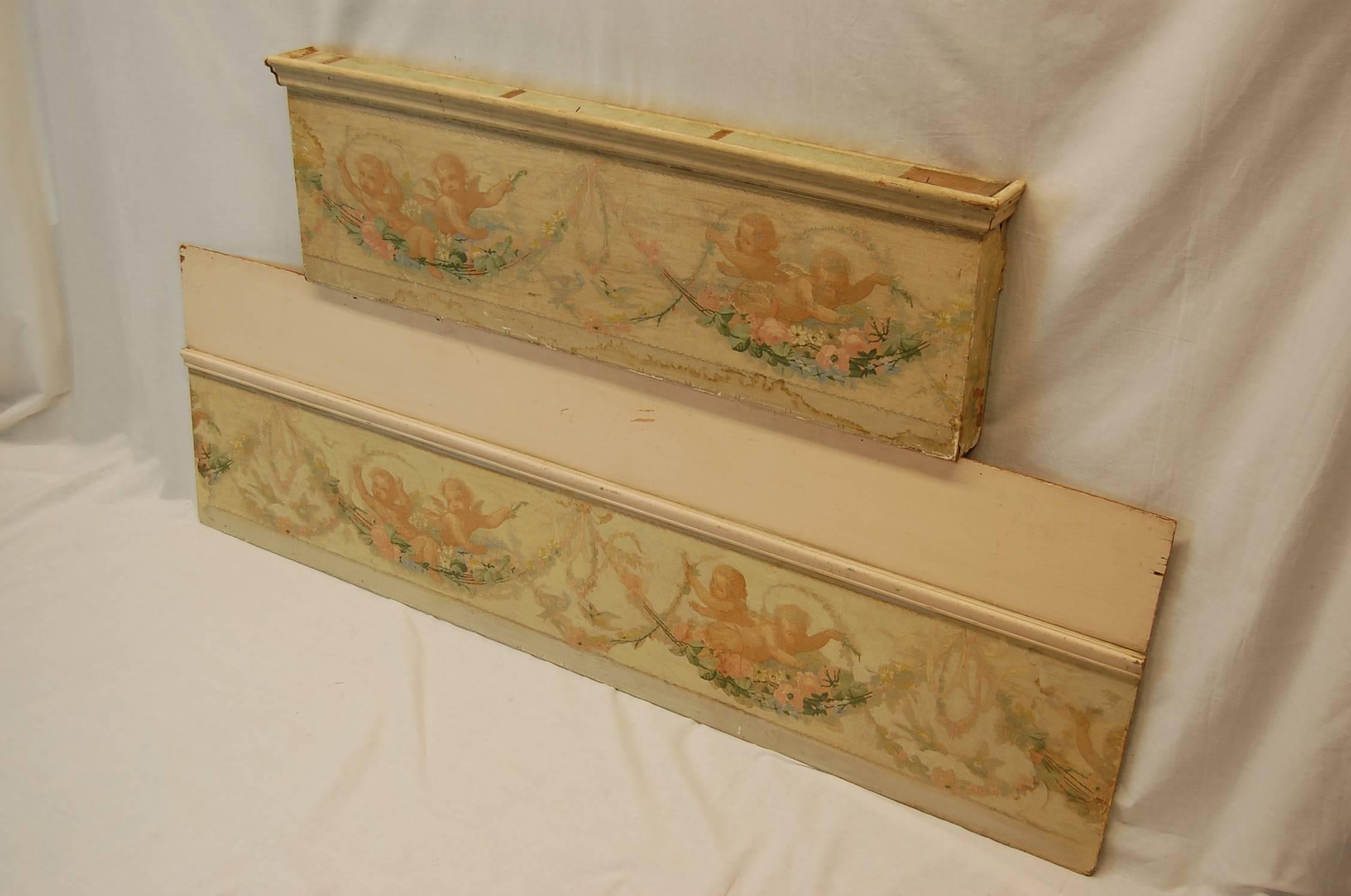 Two Antique French Painted Cherubs on Paper Mounted to Plywood Valences In Good Condition For Sale In Pittsburgh, PA