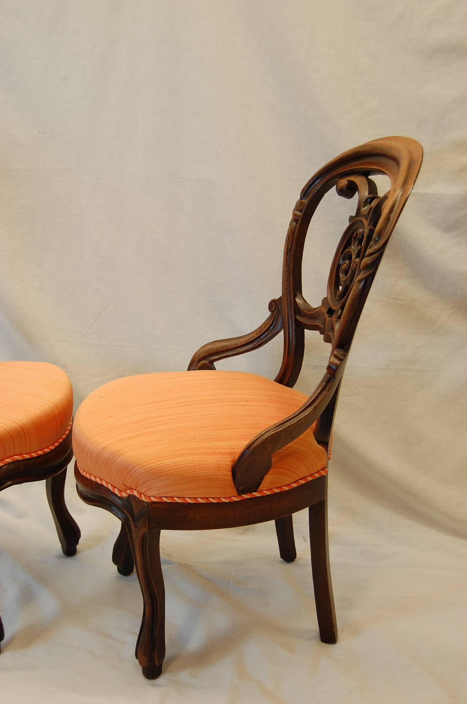 19th Century Pair Victorian Walnut Carved Parlor Chairs, circa 1870