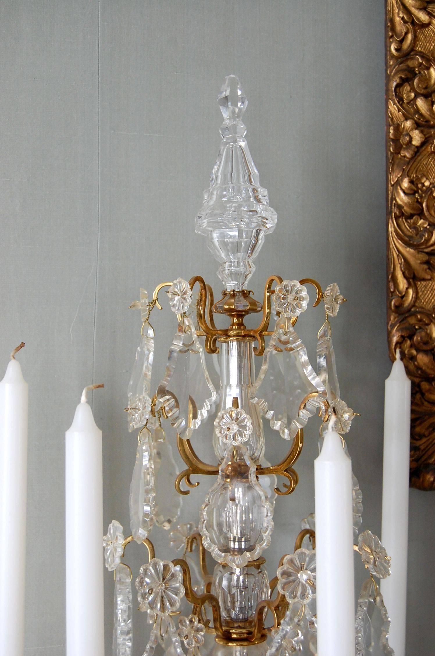 Monumental Pair of Antique French Gilt Bronze and Crystal Girandole Candelabra For Sale 1