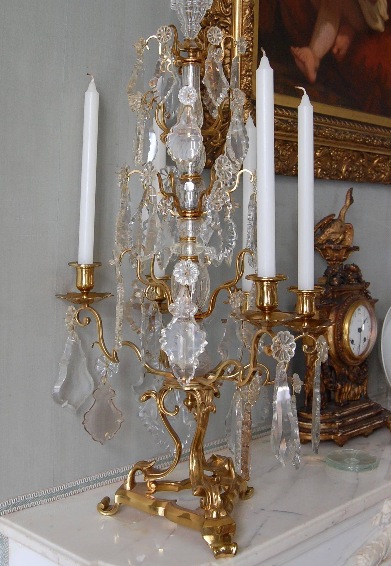Monumental Pair of Antique French Gilt Bronze and Crystal Girandole Candelabra For Sale 2